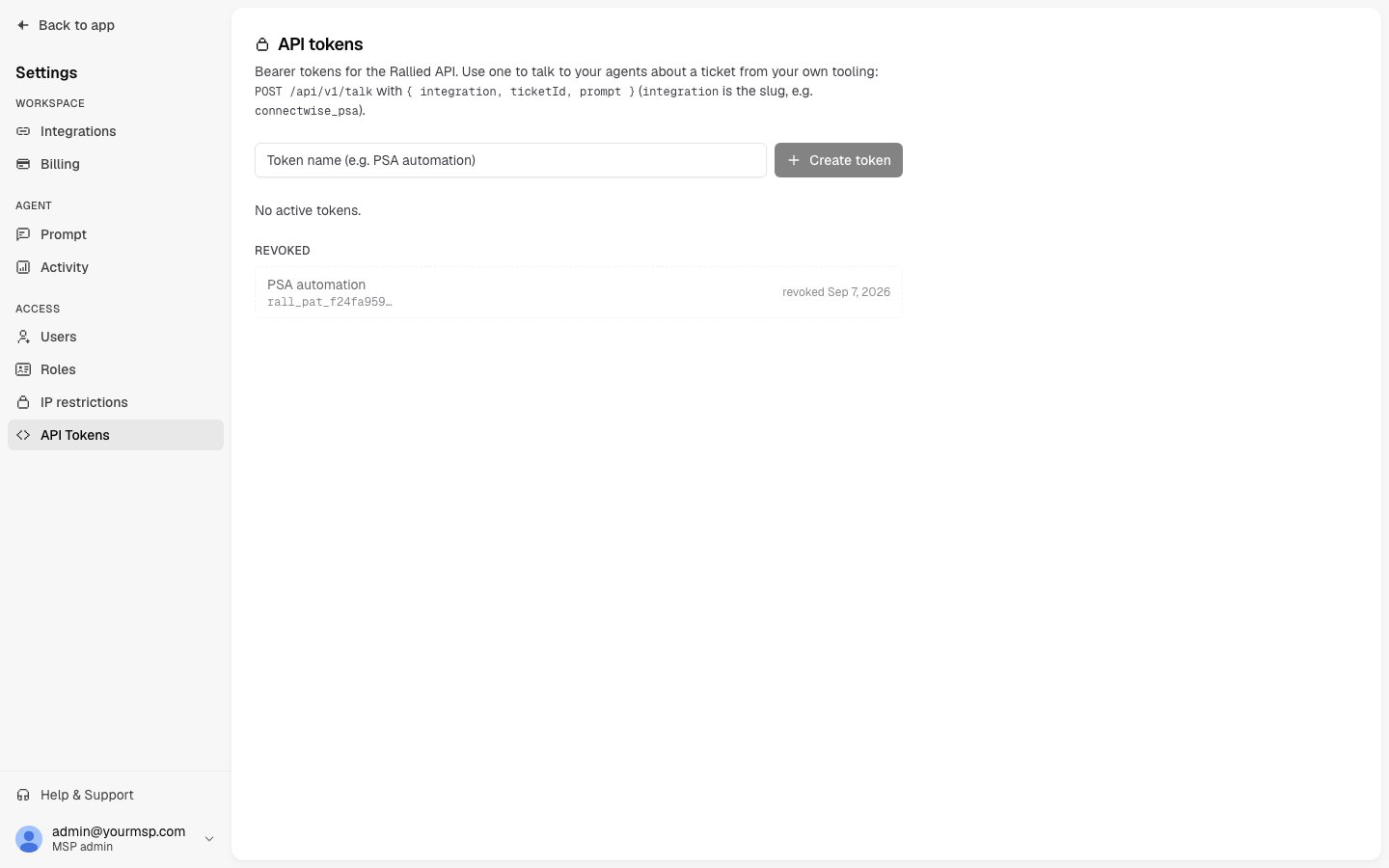 The API Tokens page after revoking, with the token listed under Revoked