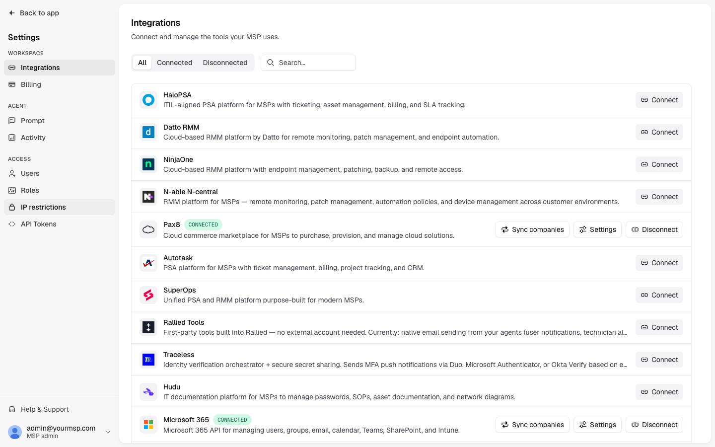 The Integrations page listing available apps with Connect buttons