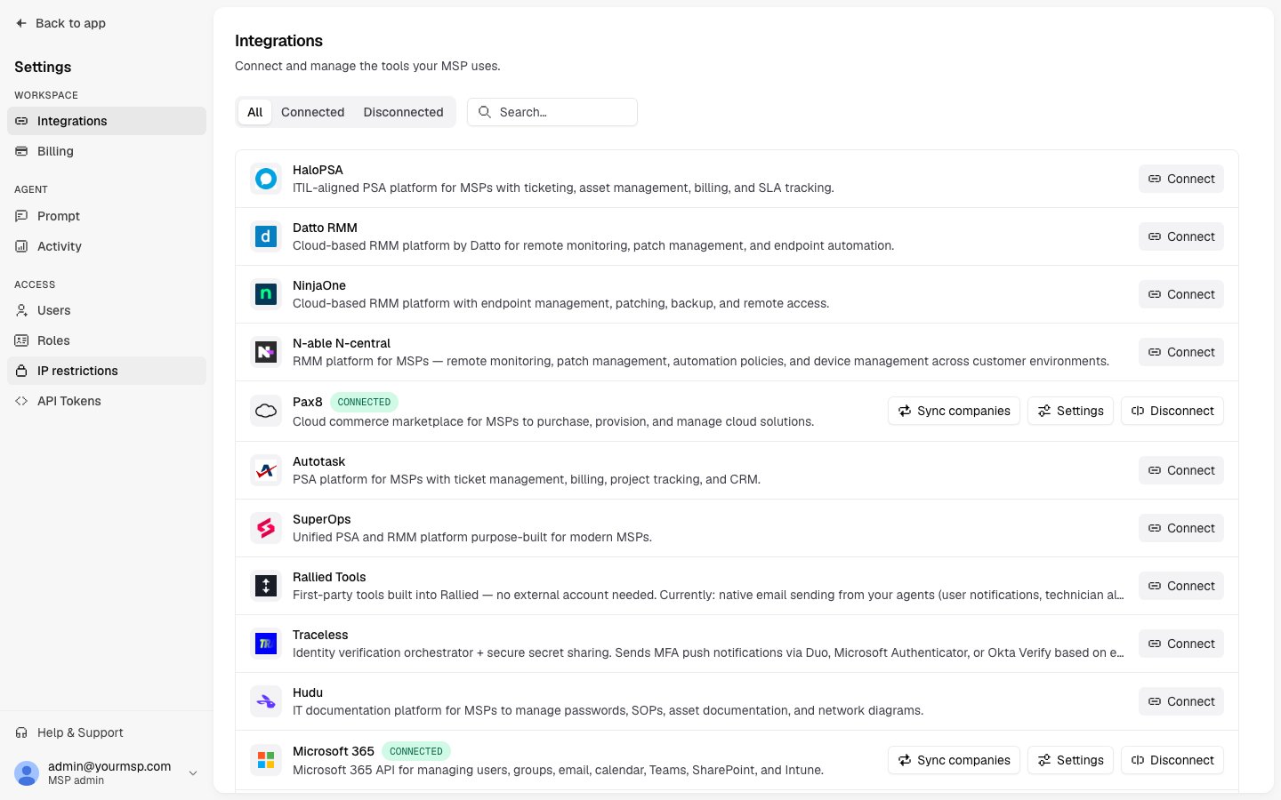 The Integrations page listing available apps with Connect buttons