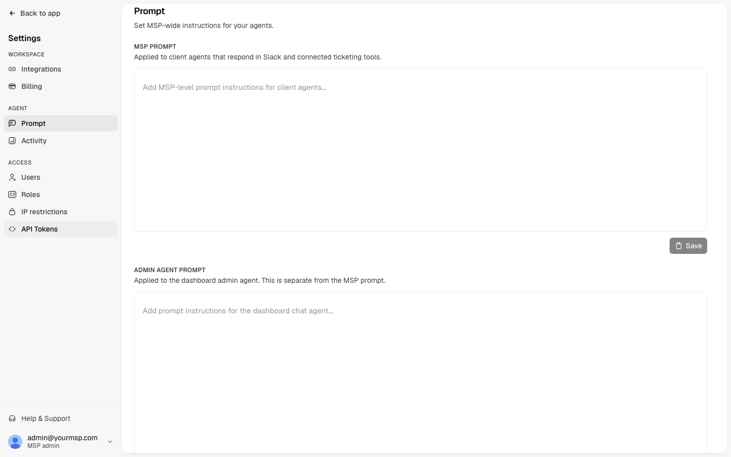The Prompt page with the MSP prompt and admin agent prompt editors