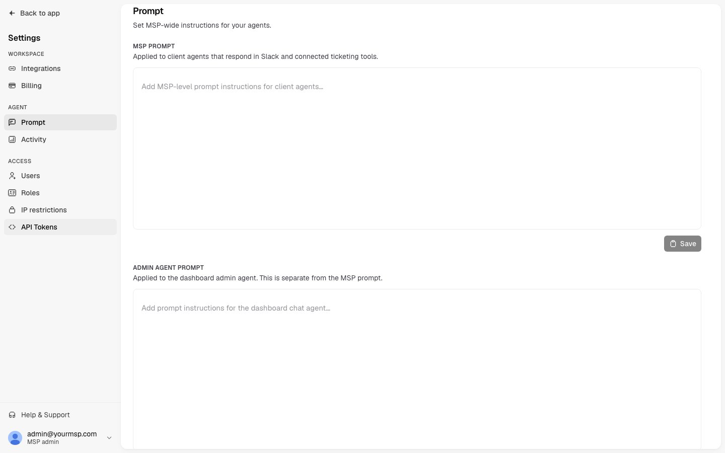 The Prompt page with the MSP prompt and admin agent prompt editors