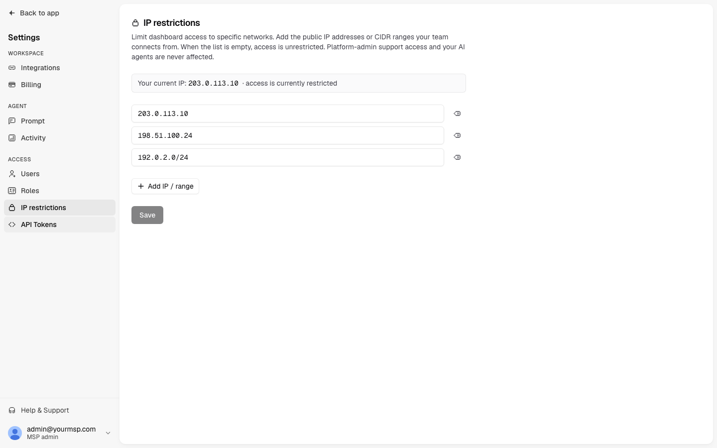 The IP restrictions page with an IP address and a CIDR range added