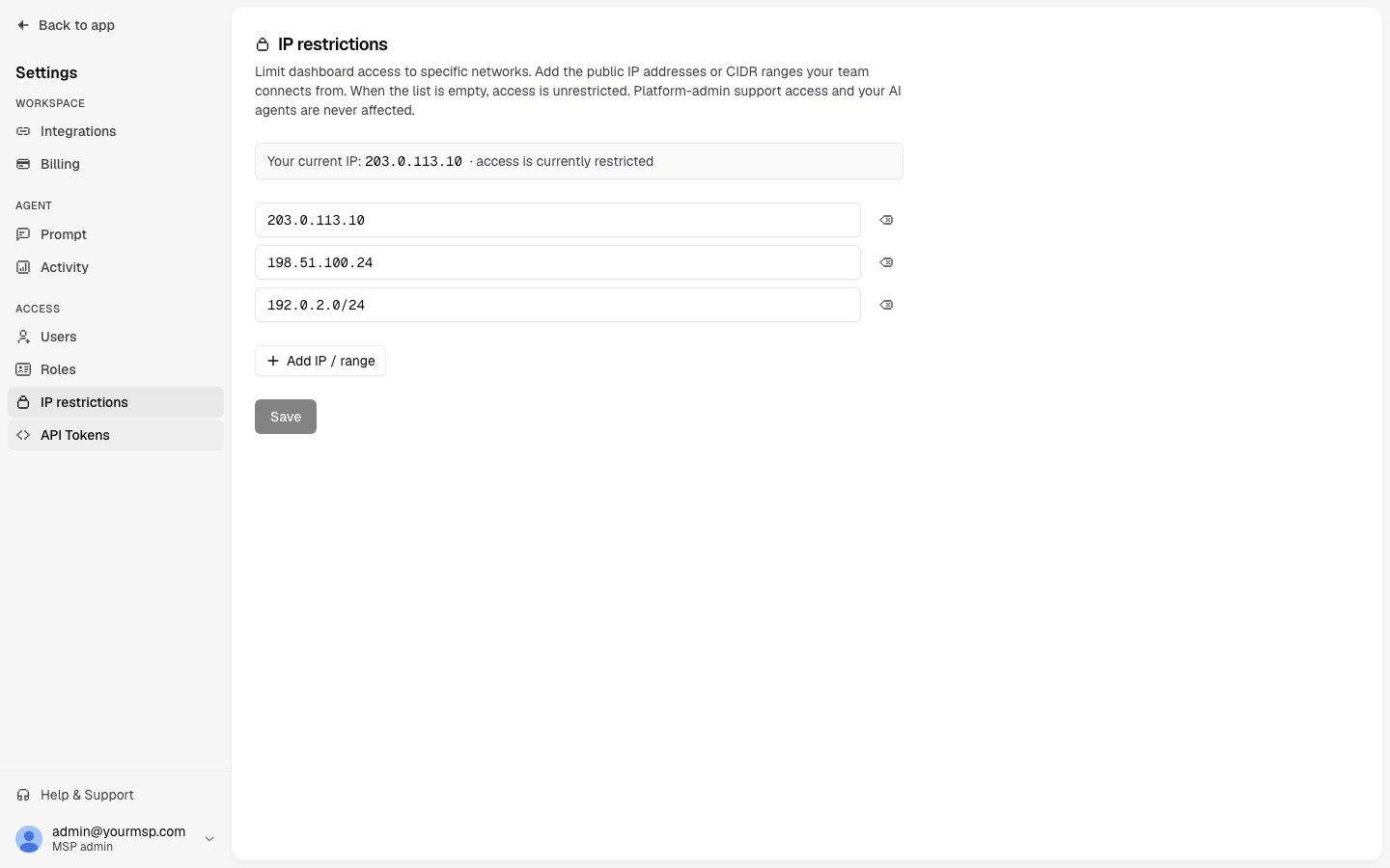 The IP restrictions page with an IP address and a CIDR range added