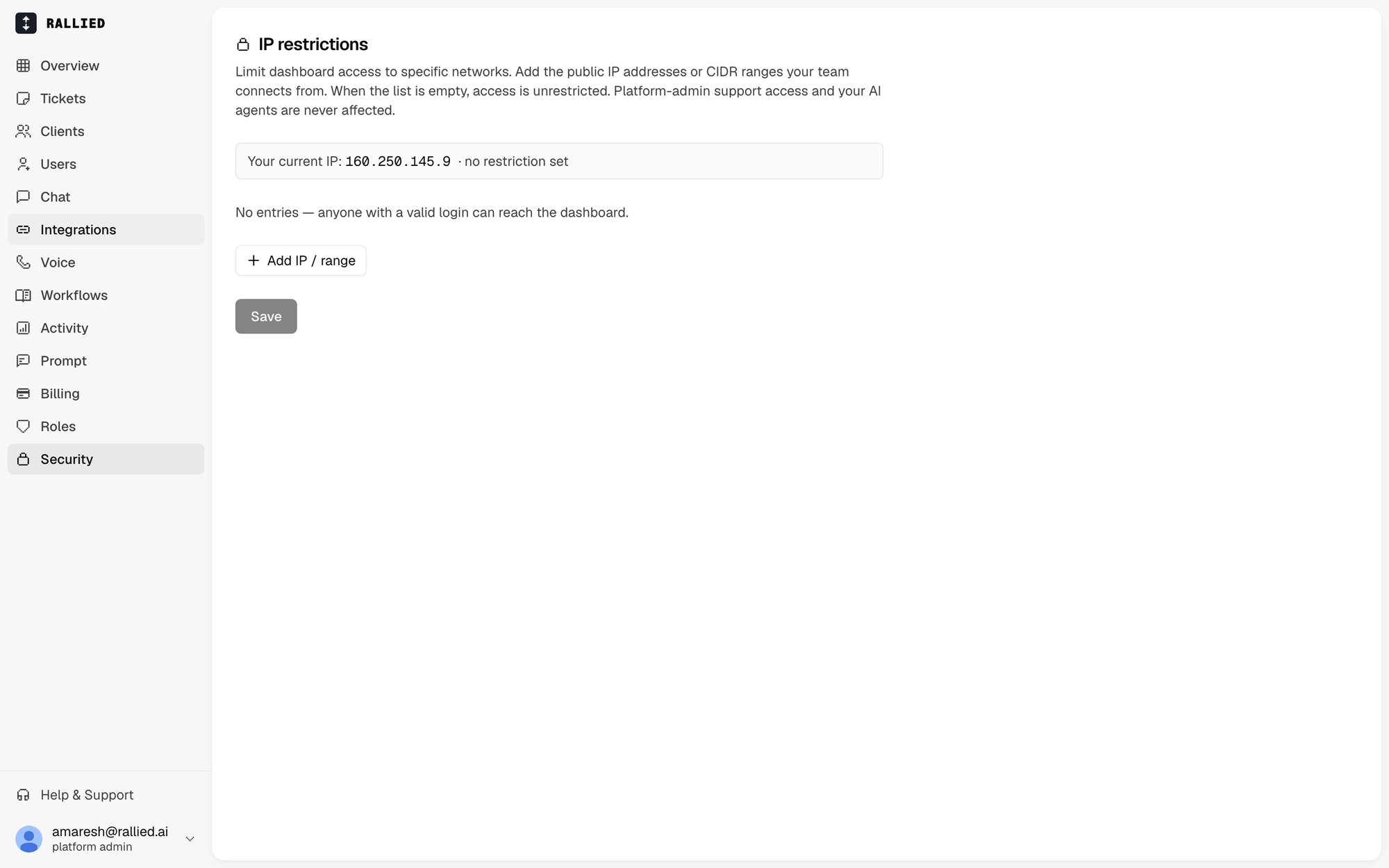 The IP restrictions page with no entries added
