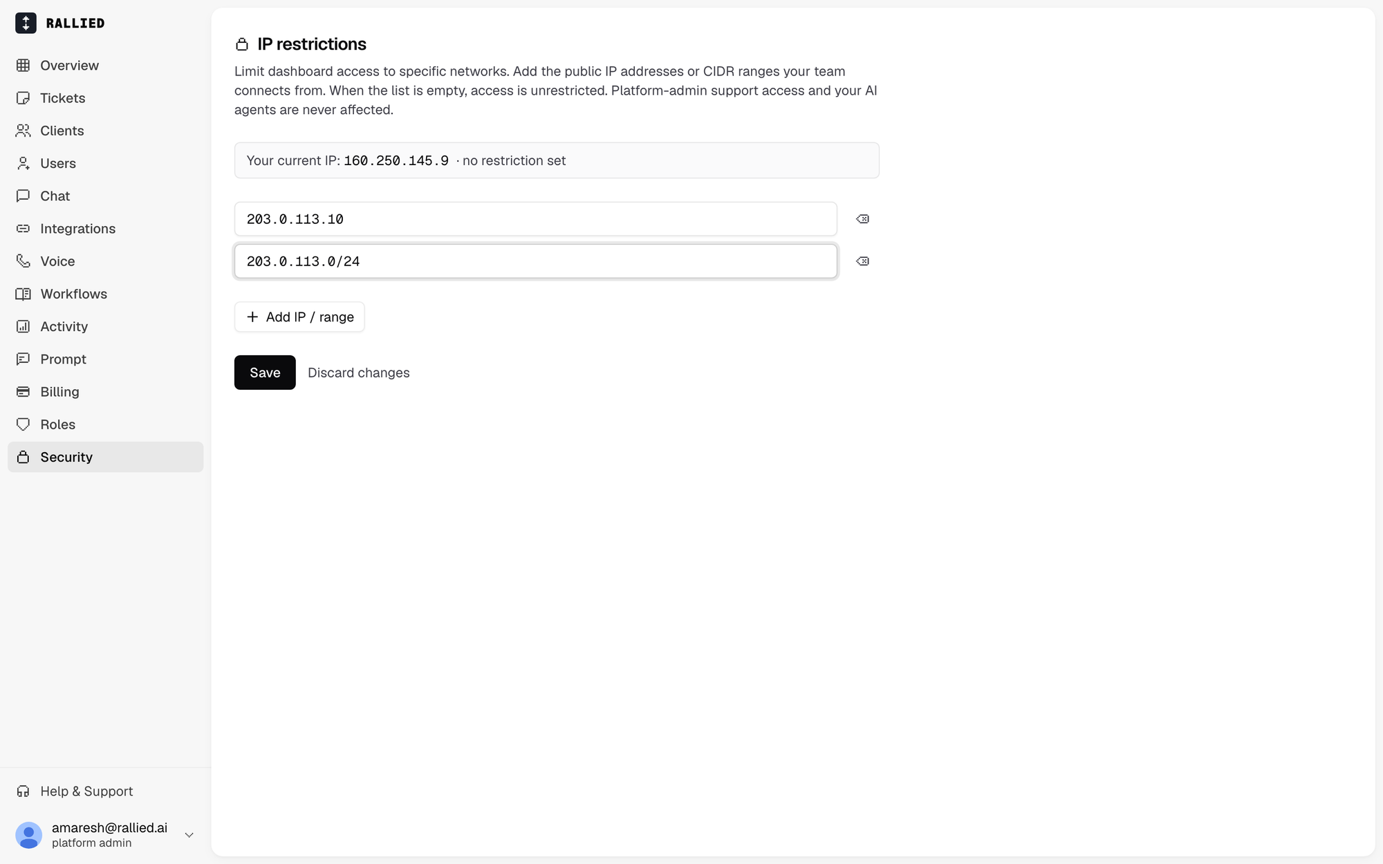 The IP restrictions page with an IP address and a CIDR range added
