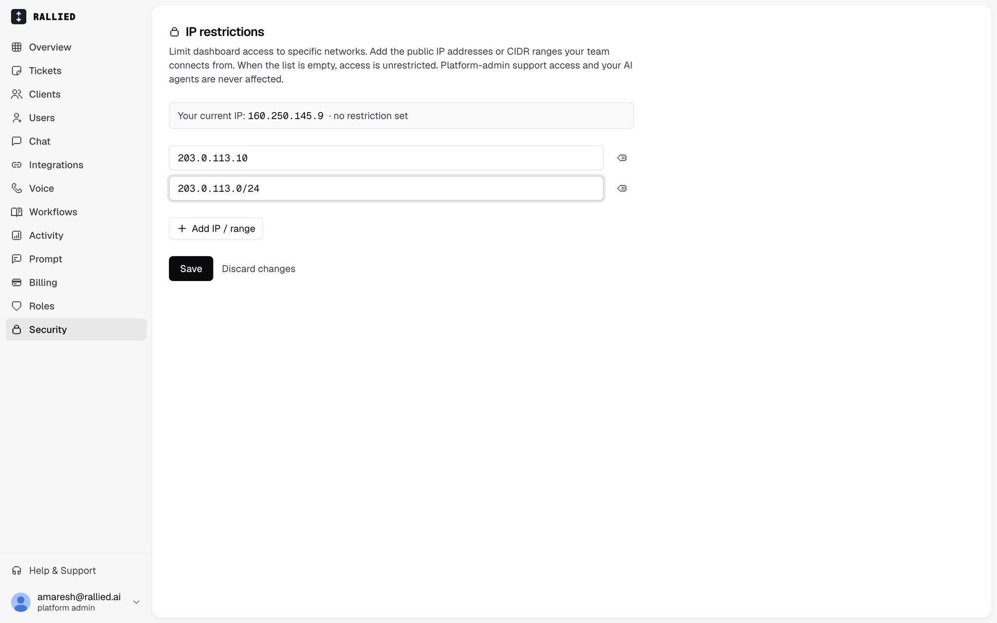 The IP restrictions page with an IP address and a CIDR range added