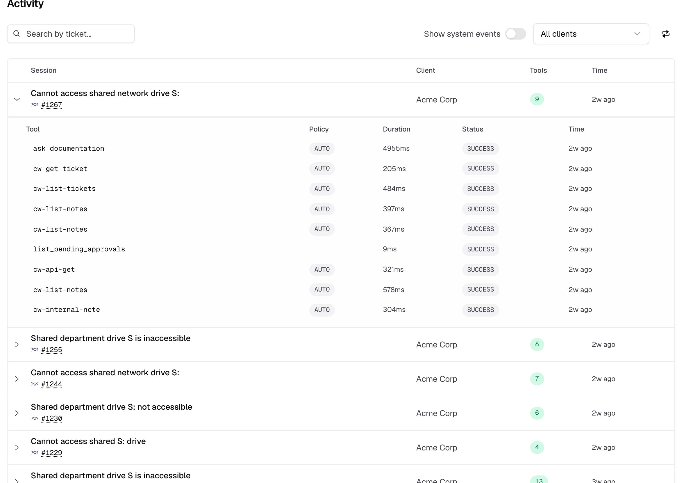 An expanded activity entry showing the agent's tool calls
