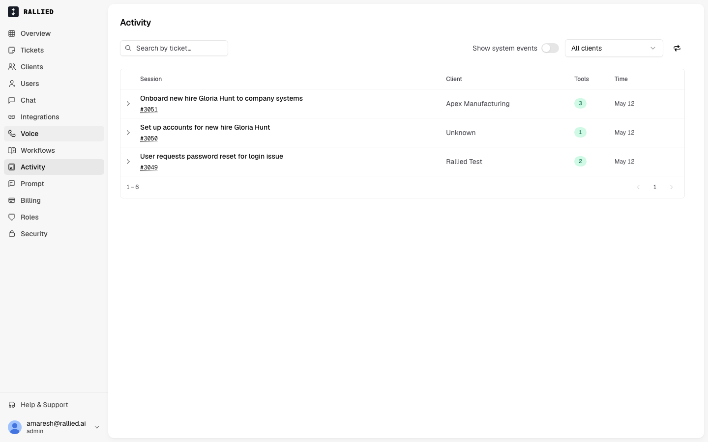 The Activity log listing agent sessions with their tool call counts