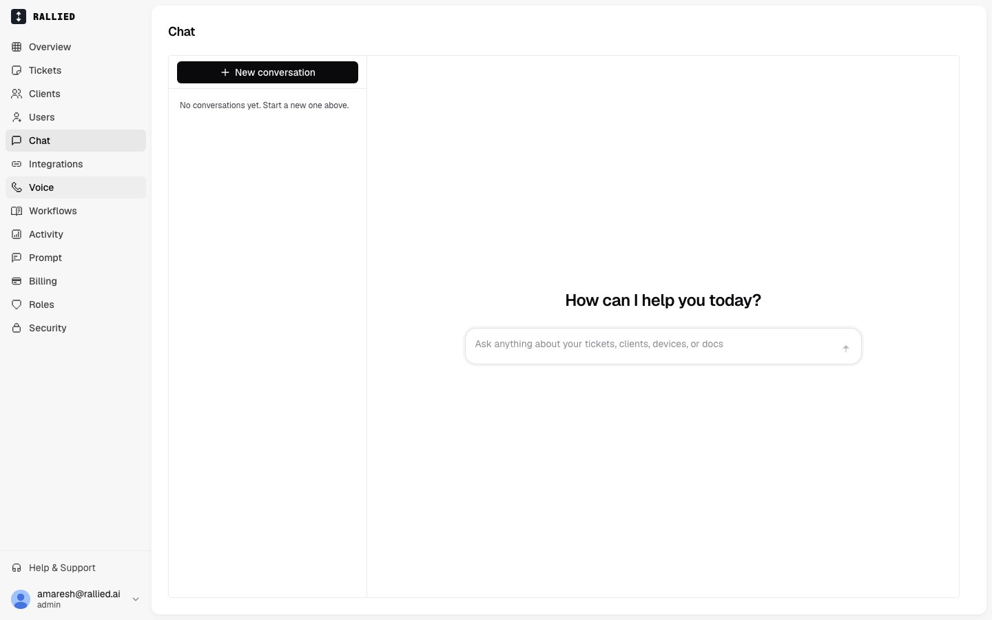 The Chat tab with a new conversation ready to start