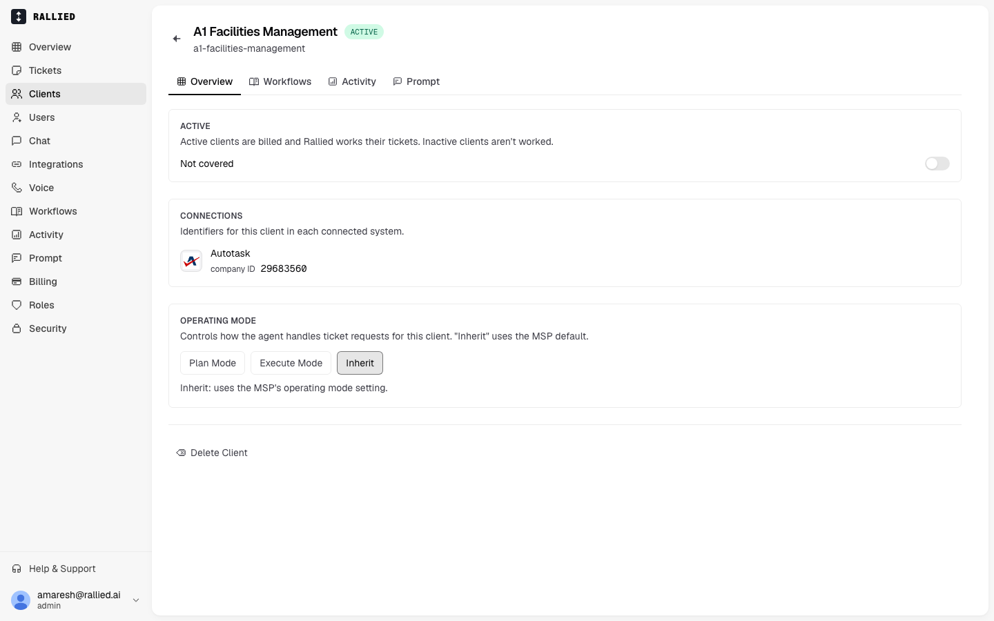 A client's detail page with its tabs and overview