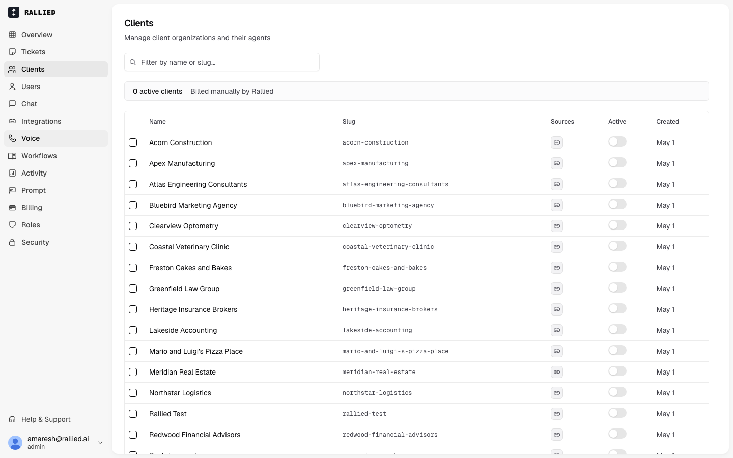 The Clients list showing several client companies and their agent status
