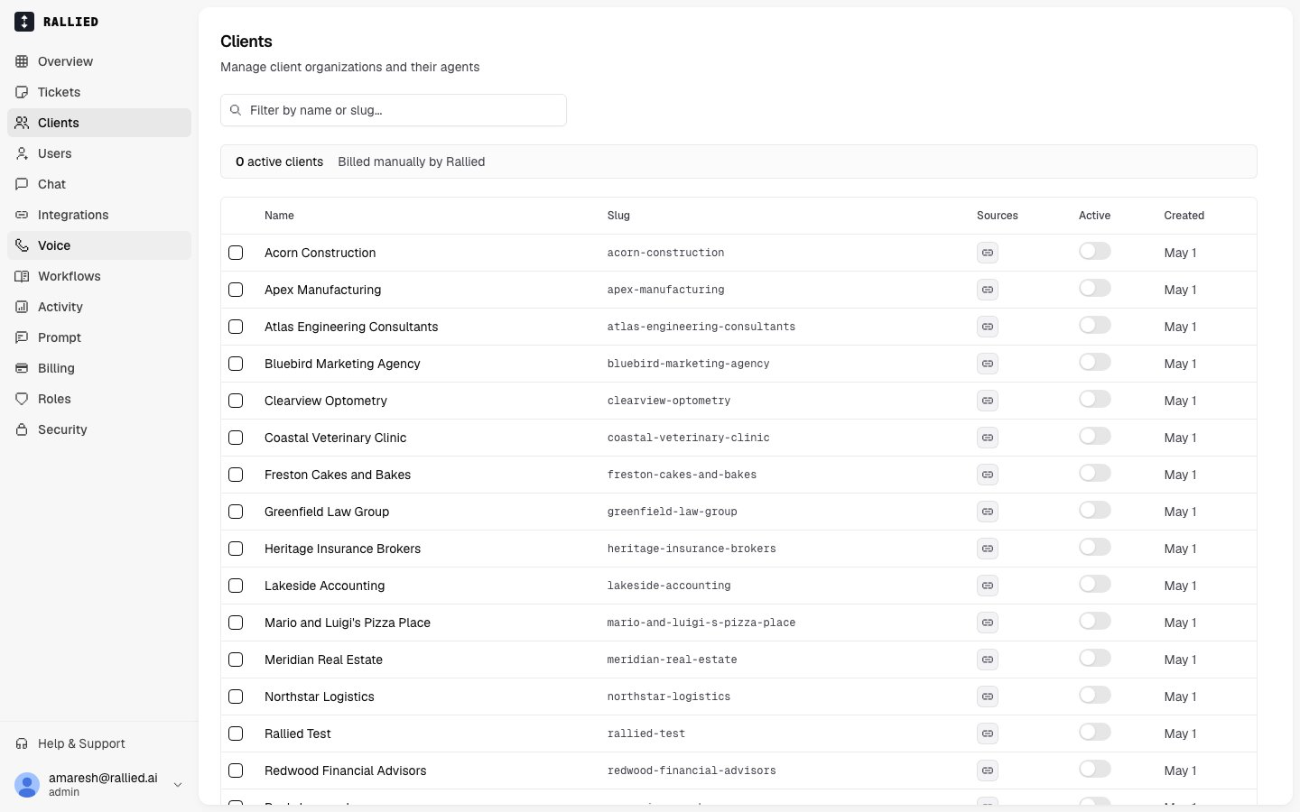 The Clients list showing several client companies and their agent status