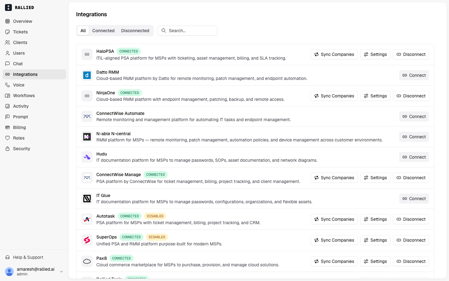 The Integrations page listing available apps with Connect buttons
