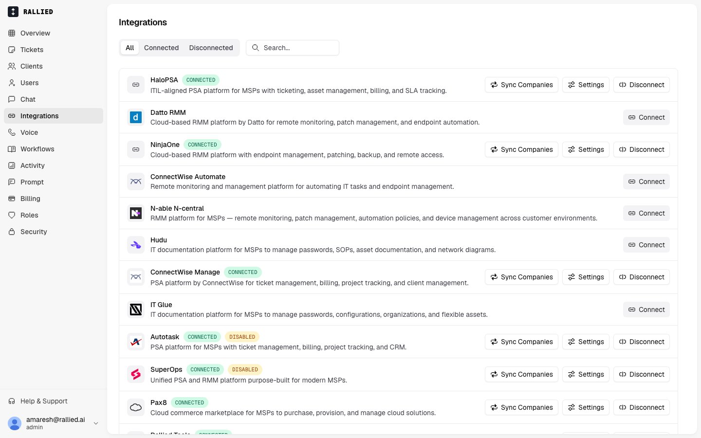 The Integrations page listing available apps with Connect buttons