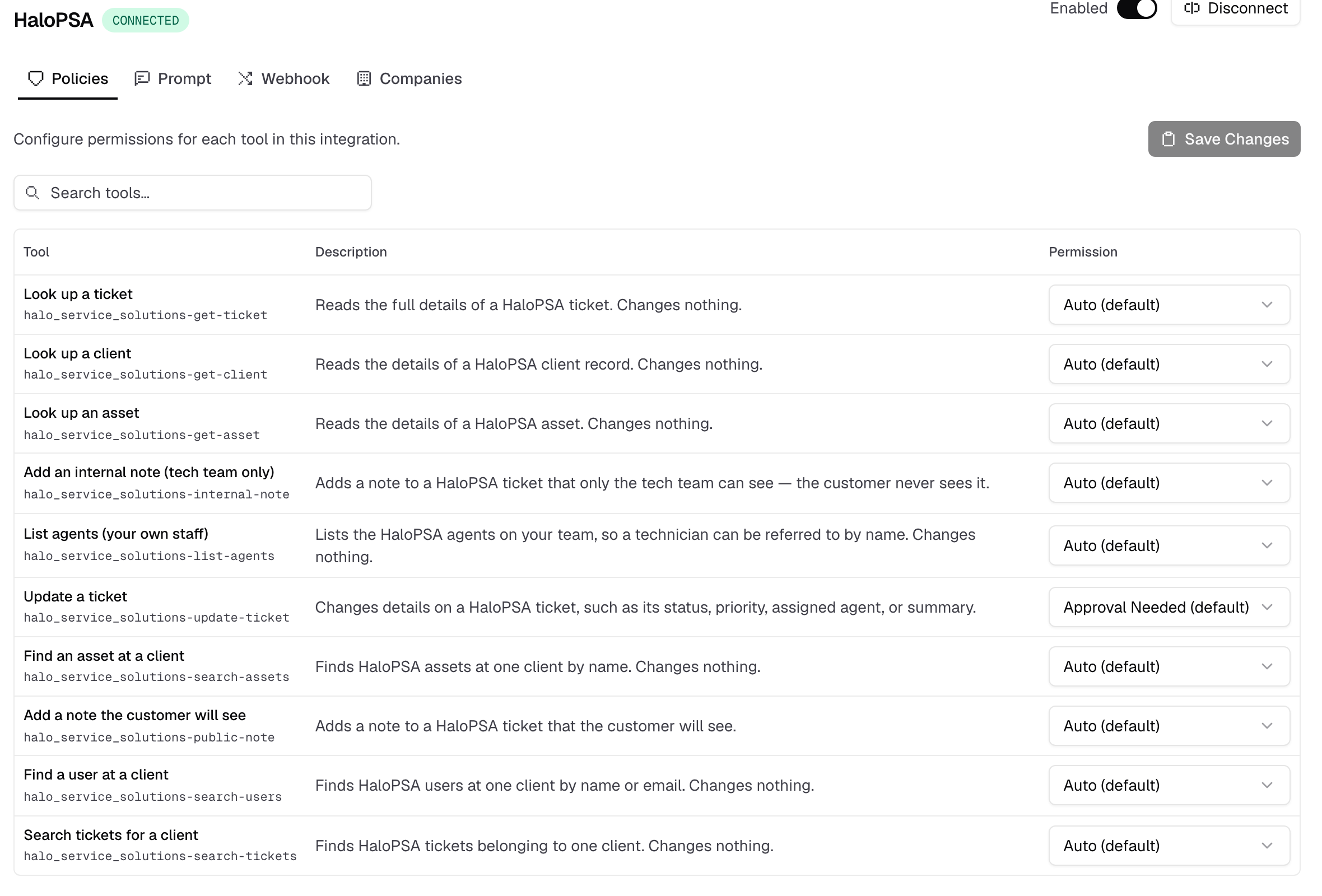An integration's policy table with per-tool permission dropdowns
