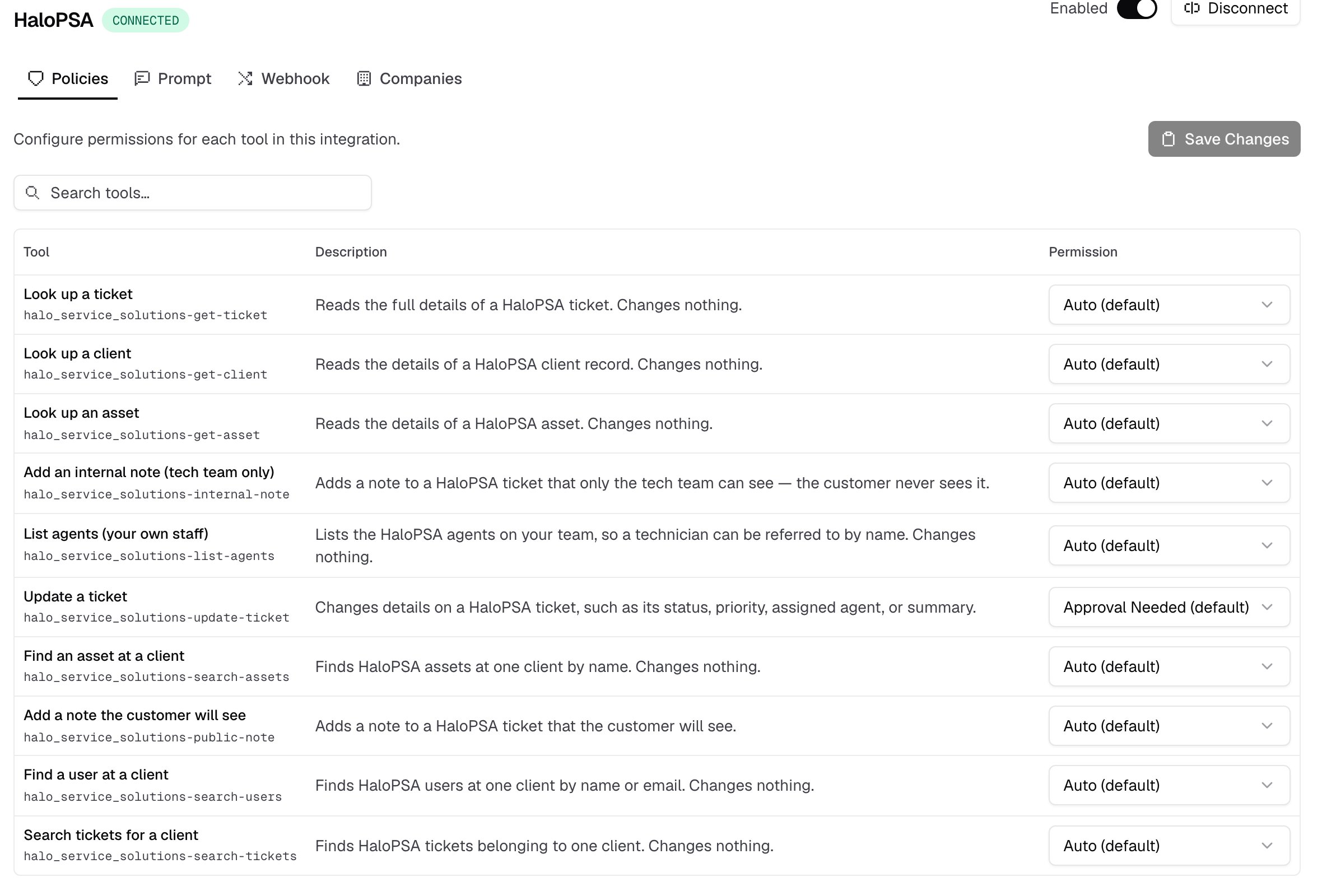 An integration's policy table with per-tool permission dropdowns