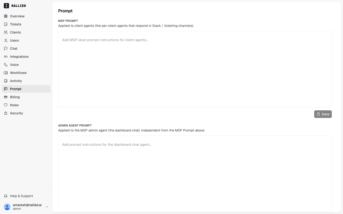 The Prompt page with the MSP prompt and admin agent prompt editors