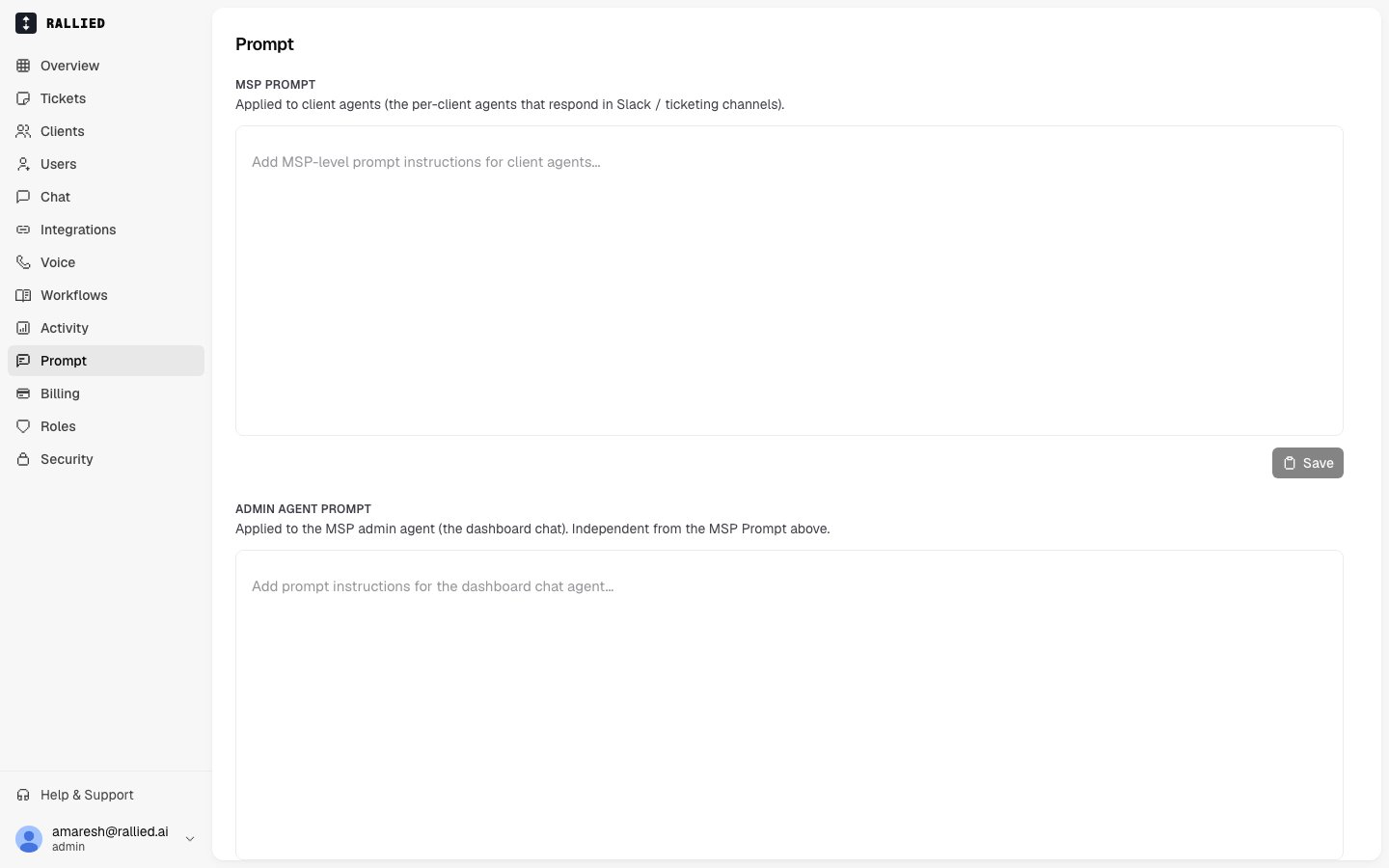 The Prompt page with the MSP prompt and admin agent prompt editors