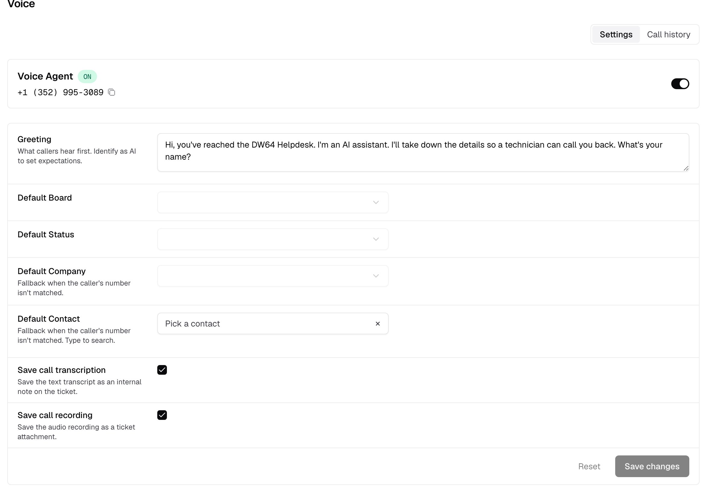 Voice agent settings showing the greeting, PSA defaults, and transcription options