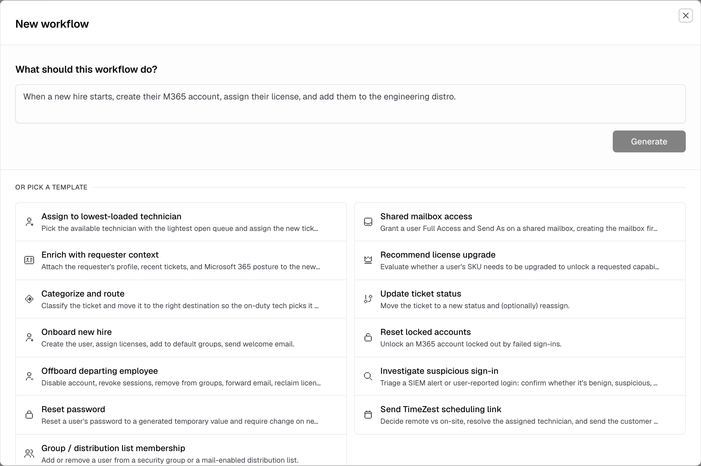 The New workflow dialog with a description box and starter templates