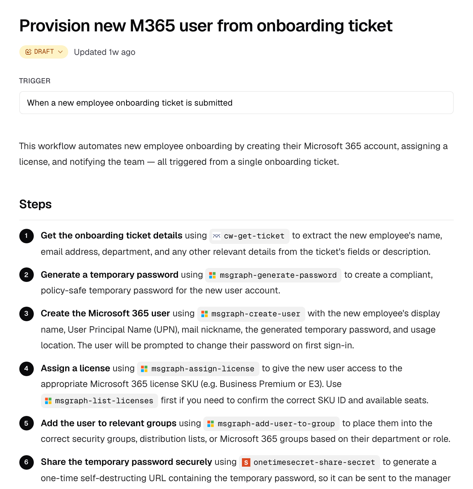 The workflow editor showing title, status, trigger, and instructions