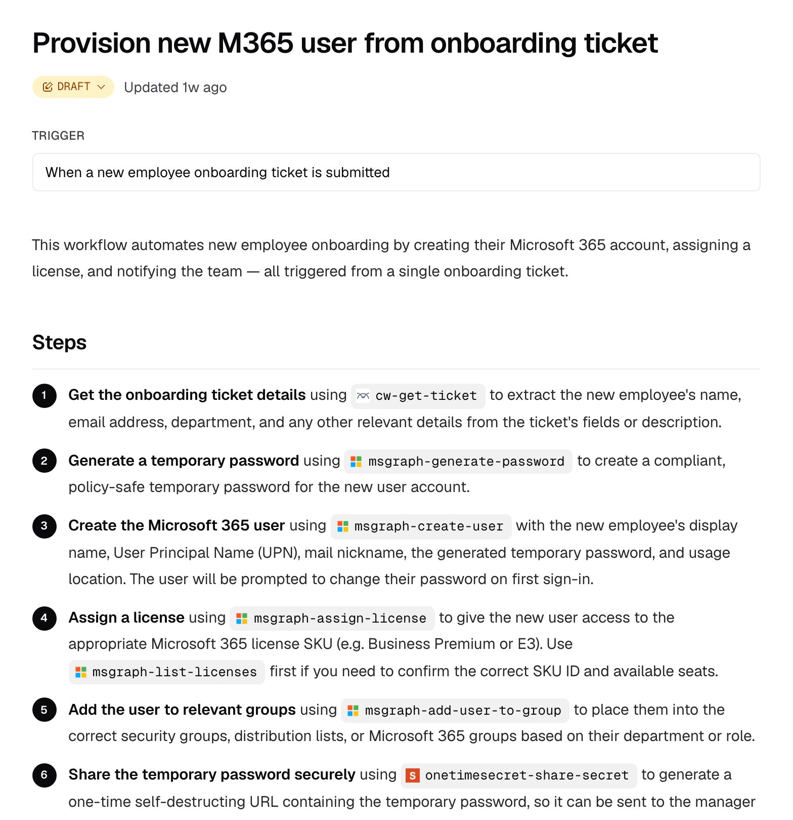 The workflow editor showing title, status, trigger, and instructions