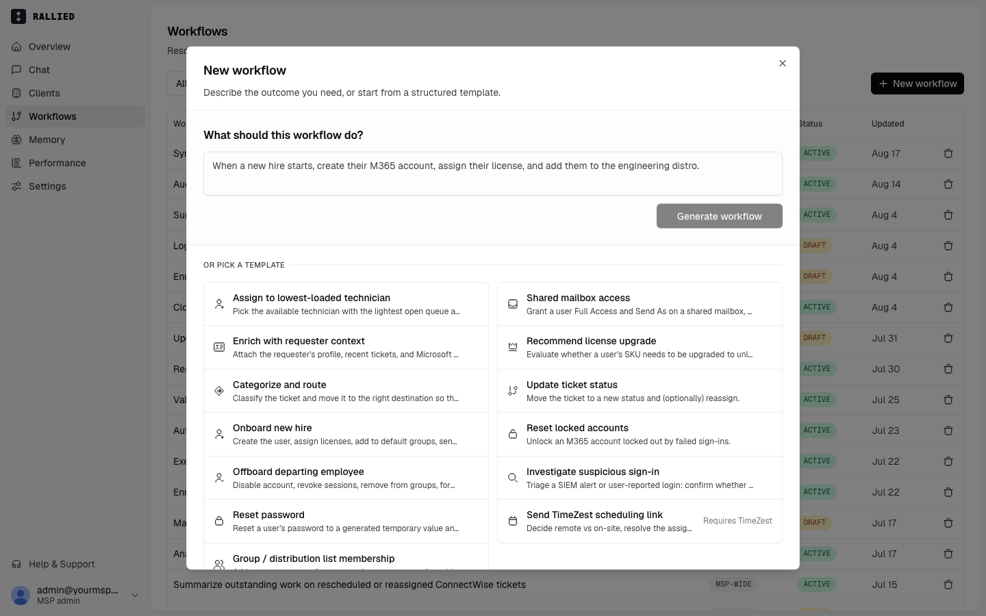 The New workflow dialog with a description box and starter templates