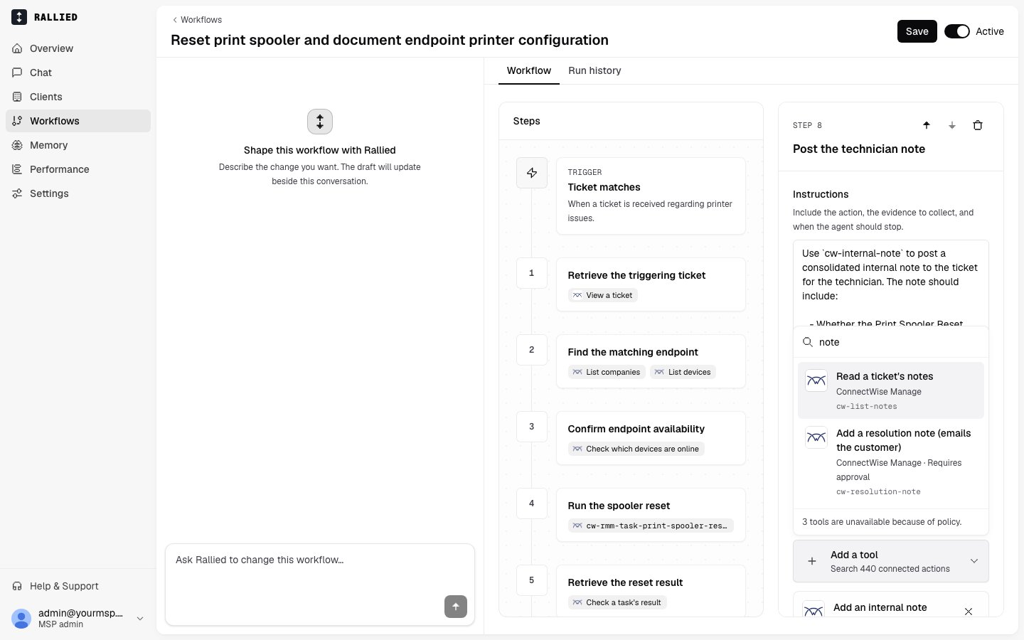 The Add a tool search listing matching actions from ConnectWise Manage