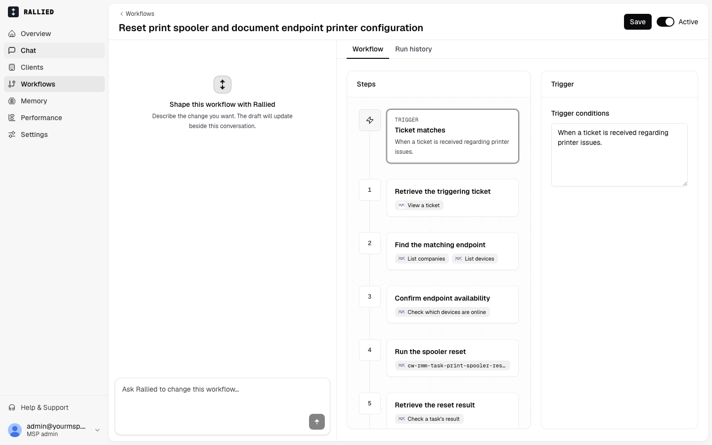 The workflow editor with the chat on the left, the list of steps in the middle, and the trigger on the right