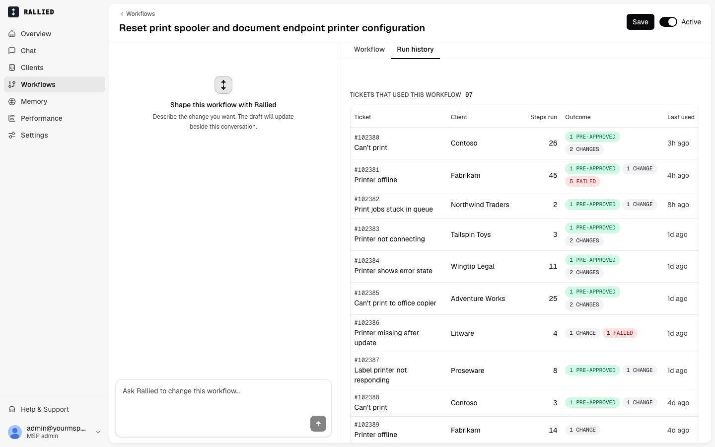 The Run history tab listing tickets, clients, steps run, and outcomes