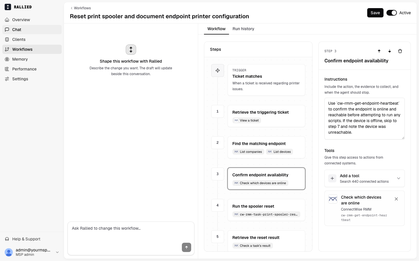 A selected step showing its instructions and the tool assigned to it
