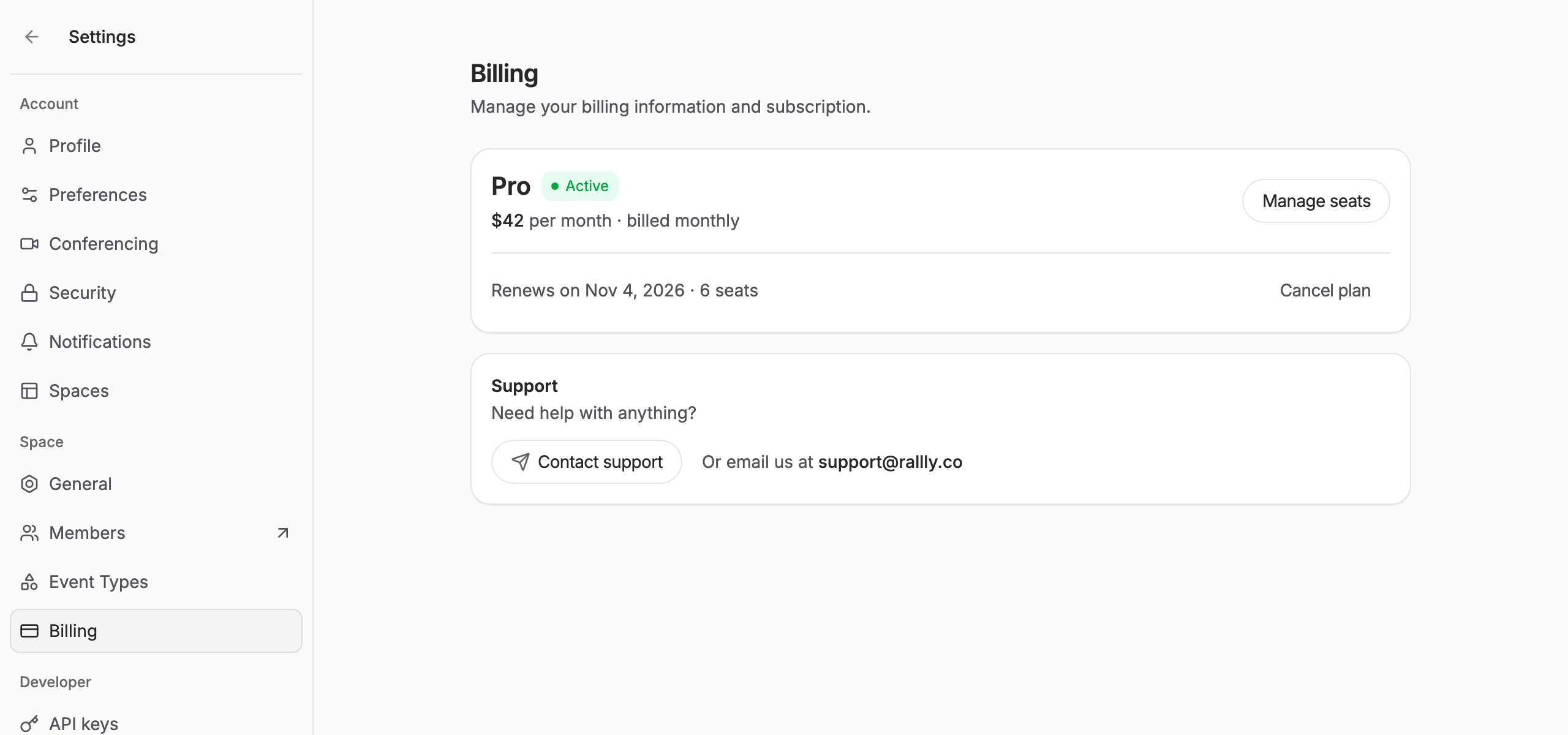 The Billing page showing the active Pro plan with the Manage seats button