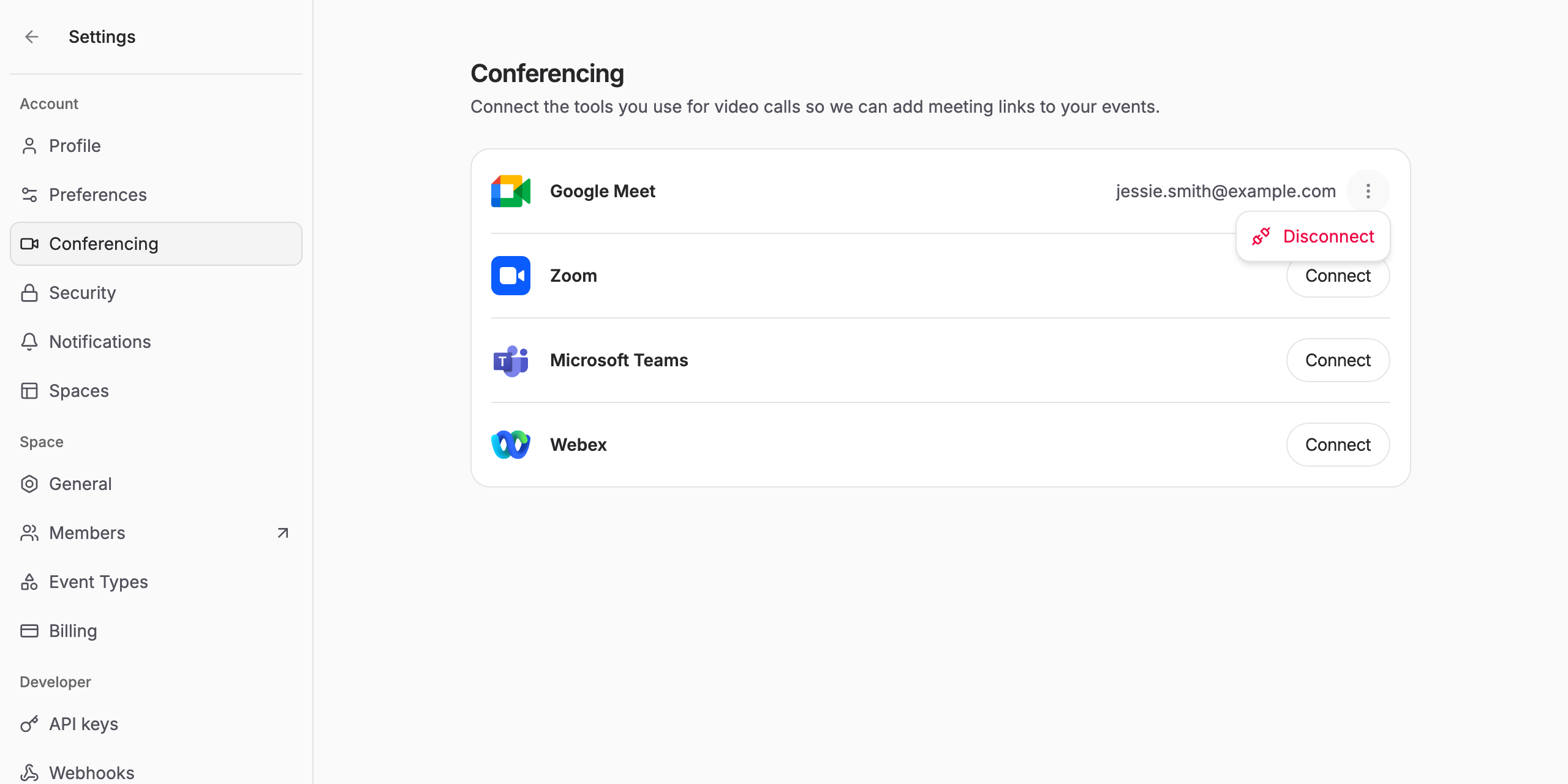 The connected Google Meet row with its menu open, showing Disconnect