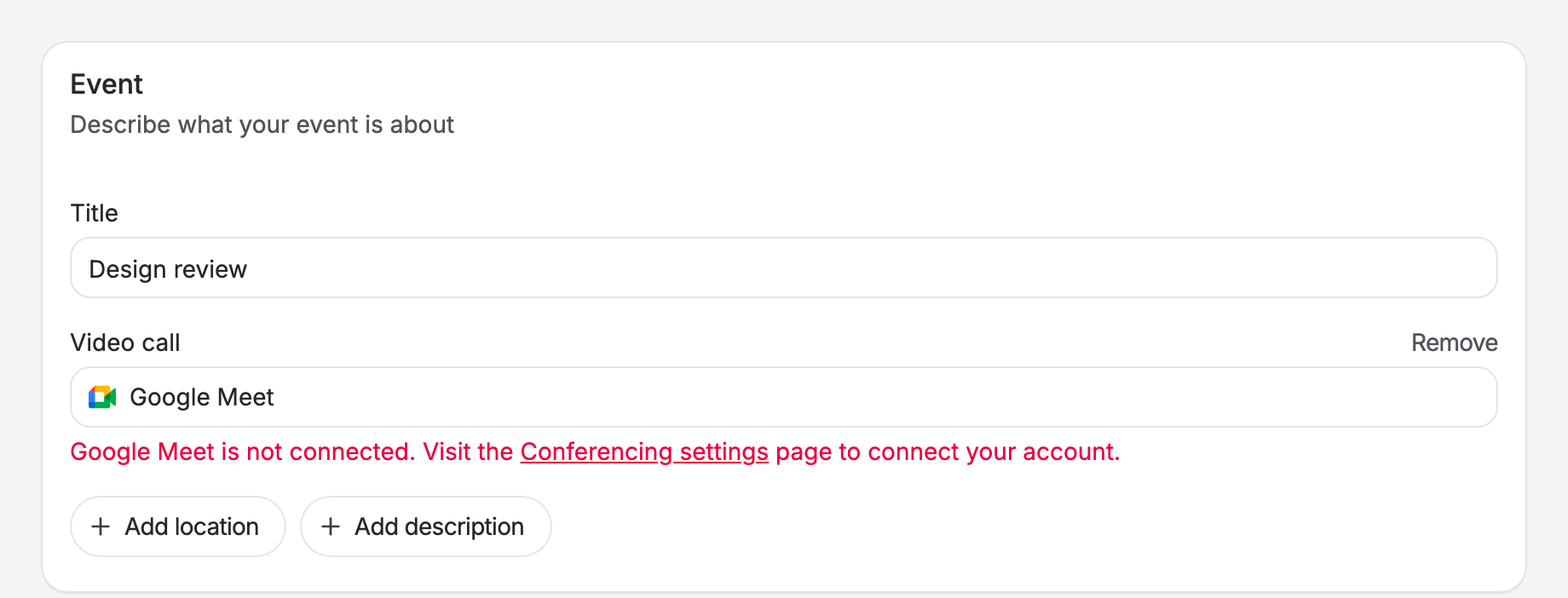 The poll form showing the message that Google Meet is not connected, with a link to Conferencing settings
