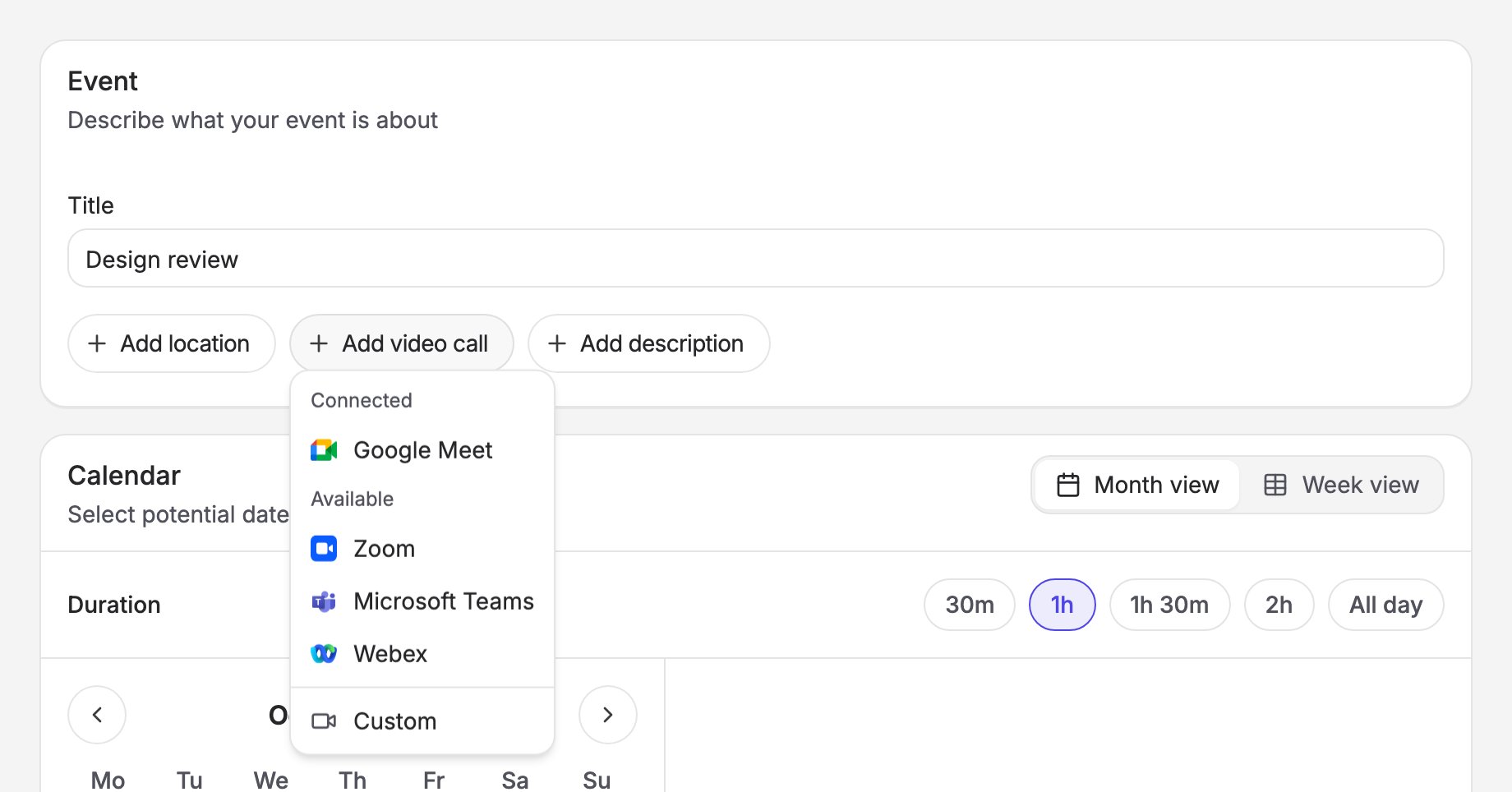 The Add video call menu on the poll form, listing connected and available providers, then Custom