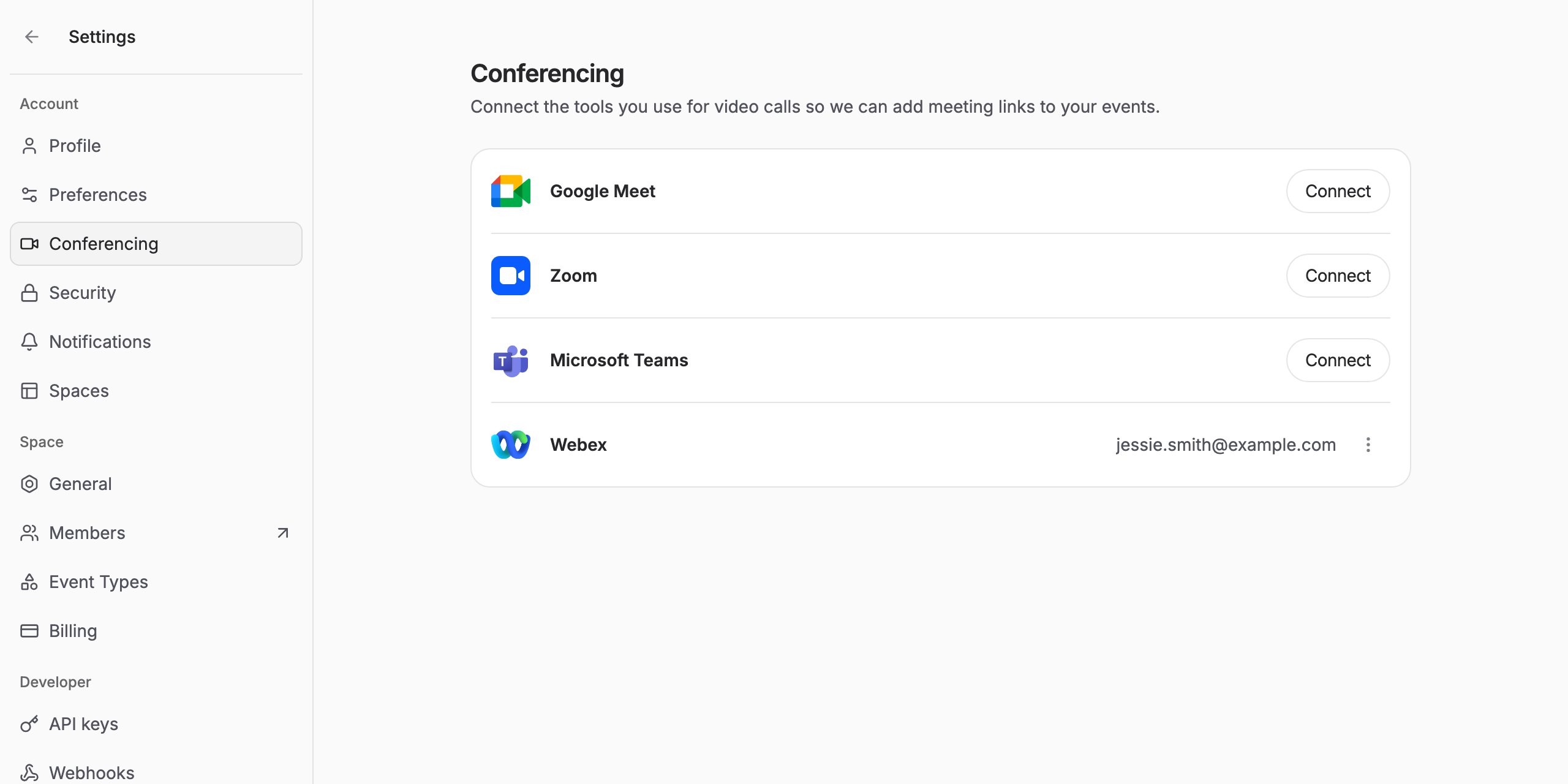 The Conferencing settings page showing the connected account's email address next to Webex