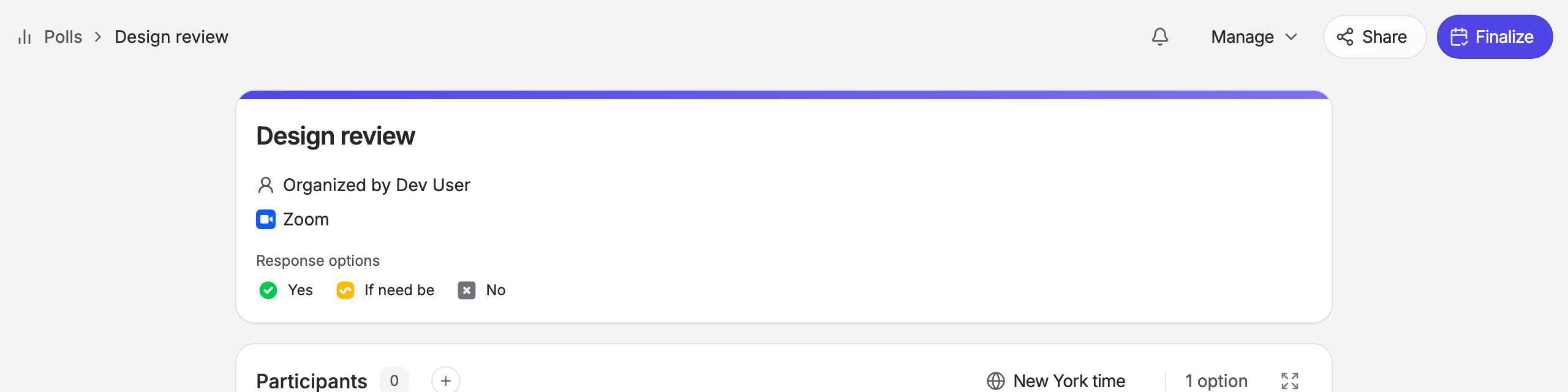 The poll page showing Zoom under the organizer on the event card
