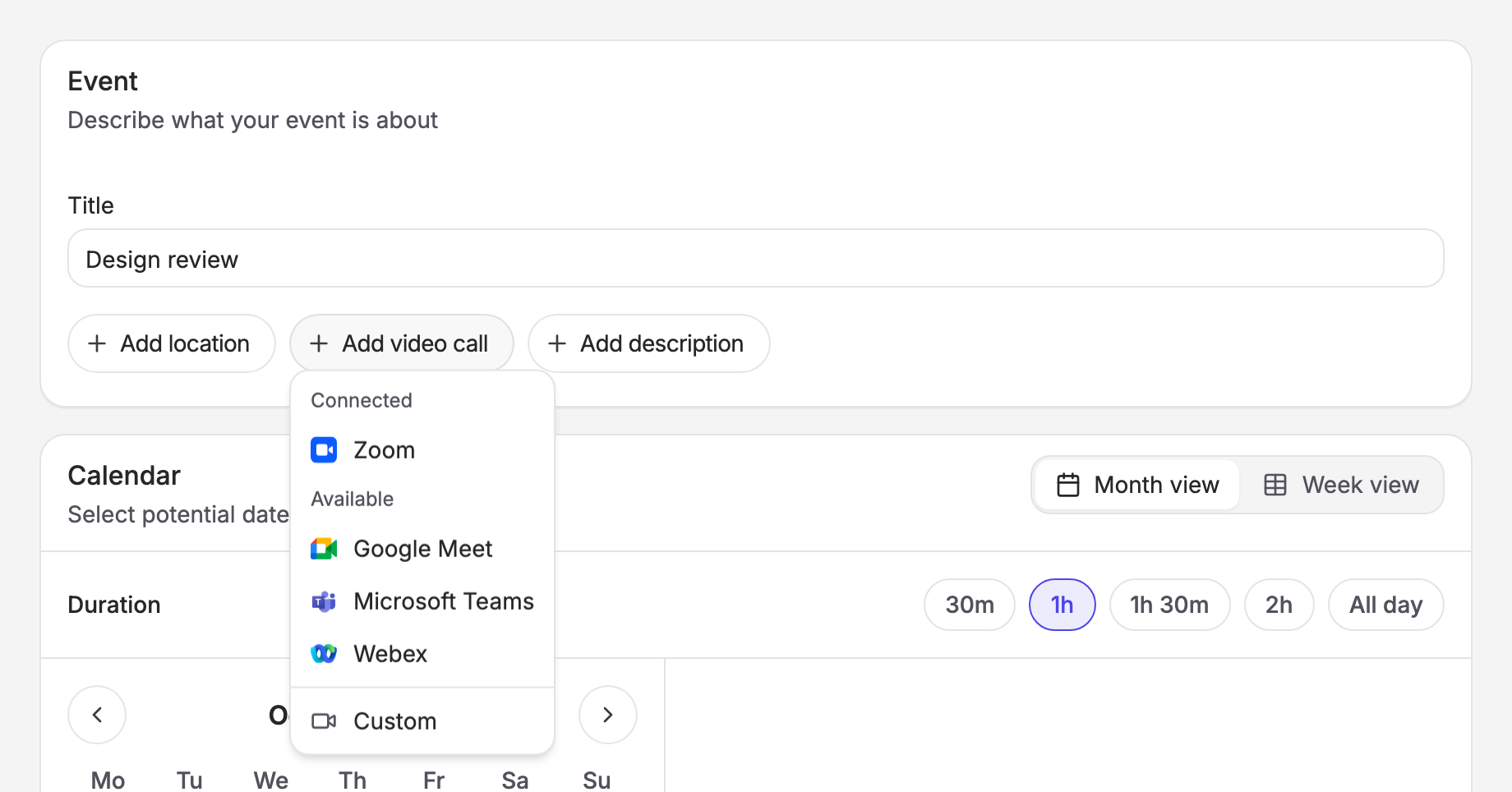 The Add video call menu on the poll form, listing connected and available providers, then Custom