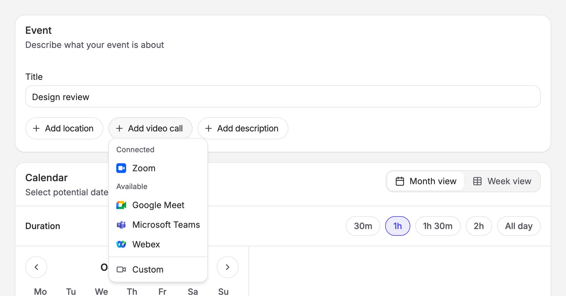 The Add video call menu on the poll form, listing connected and available providers, then Custom