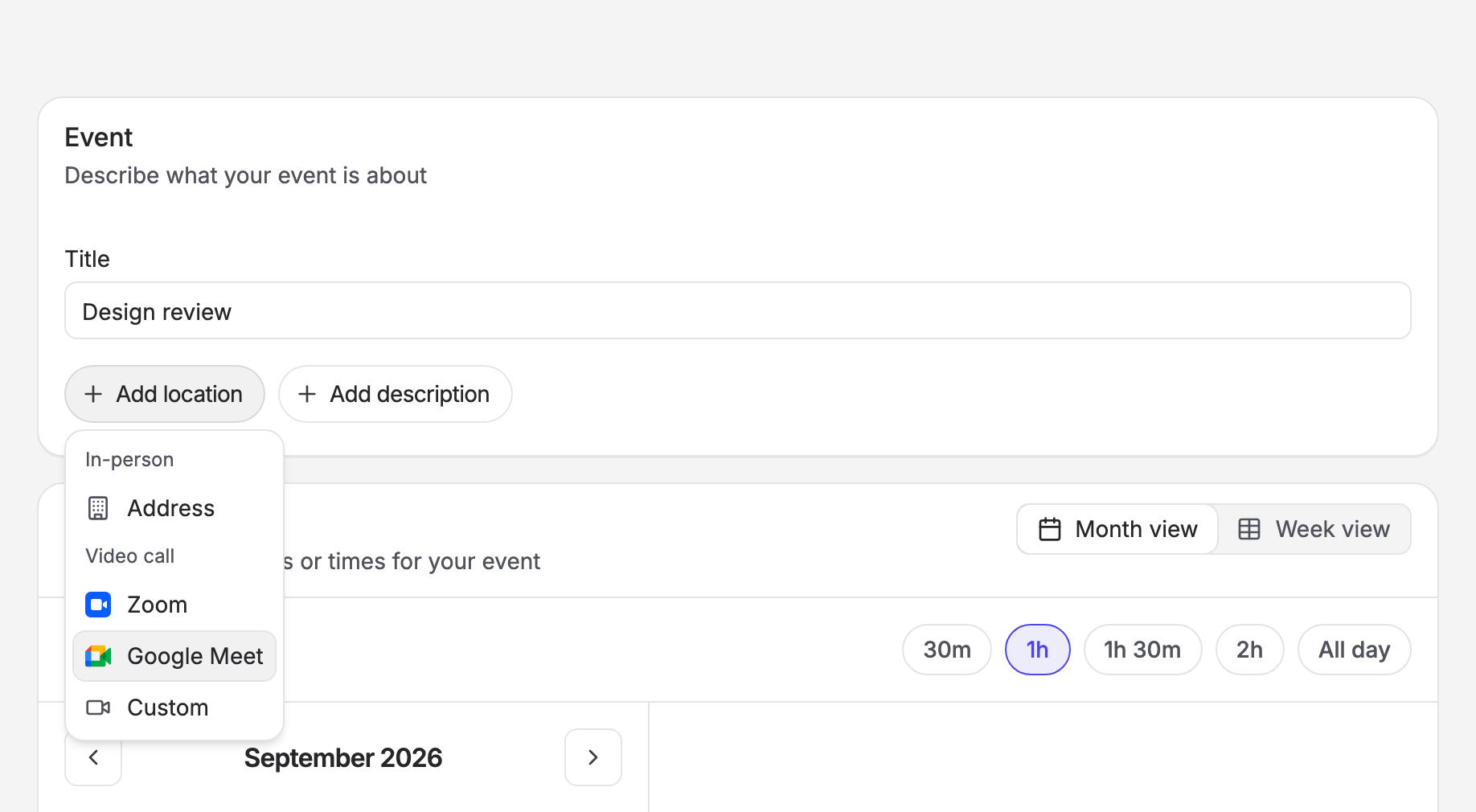 The Add location menu on the poll form, with Address under In-person and Zoom, Google Meet and Custom under Video call