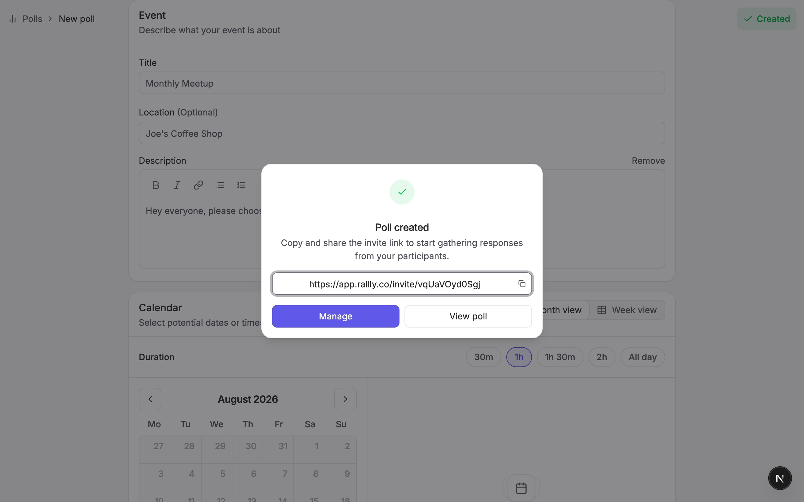 Poll created dialog with invite link