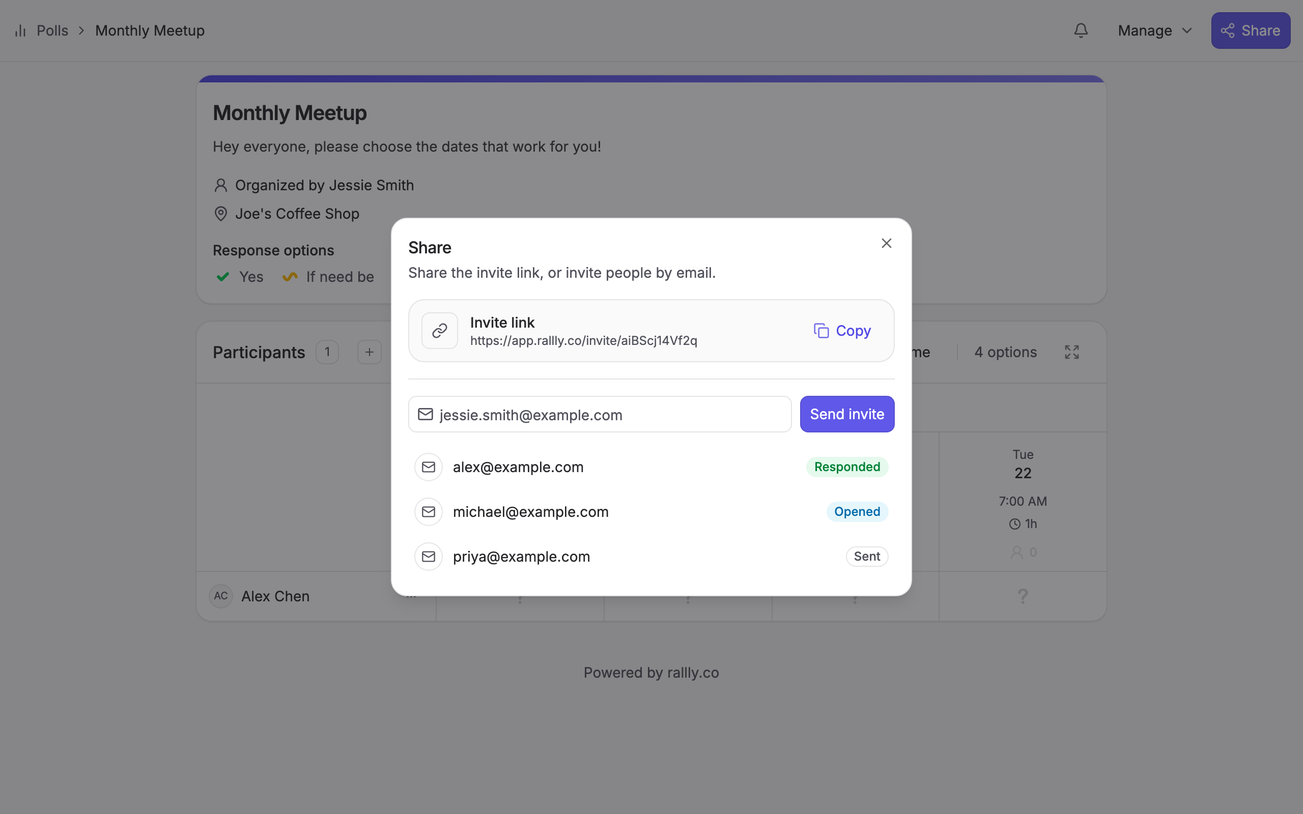 Share dialog with the invite link and a list of email invitees