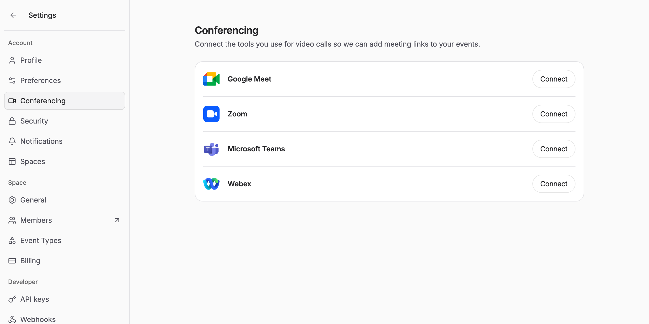 The Conferencing settings page listing Microsoft Teams with a Connect button
