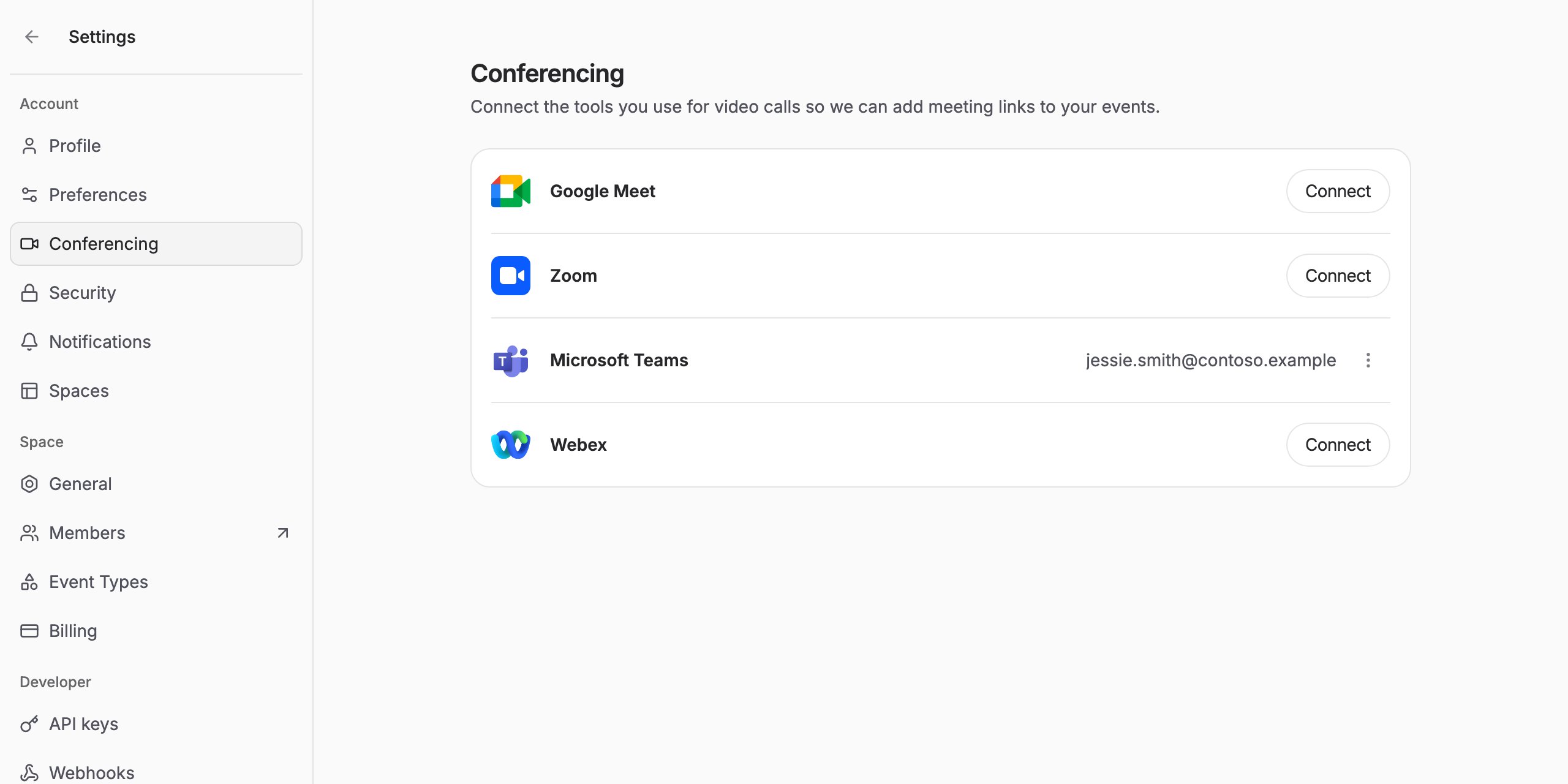 The Conferencing settings page showing the connected account's email address next to Microsoft Teams