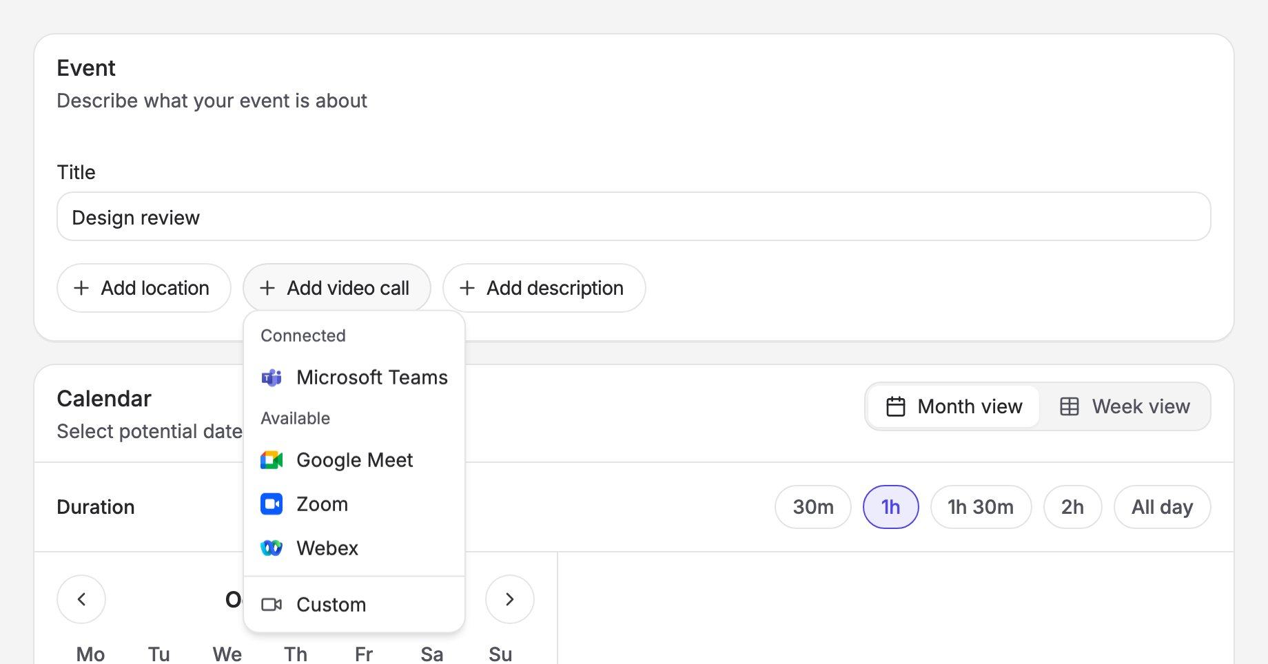 The Add video call menu on the poll form, listing connected and available providers, then Custom
