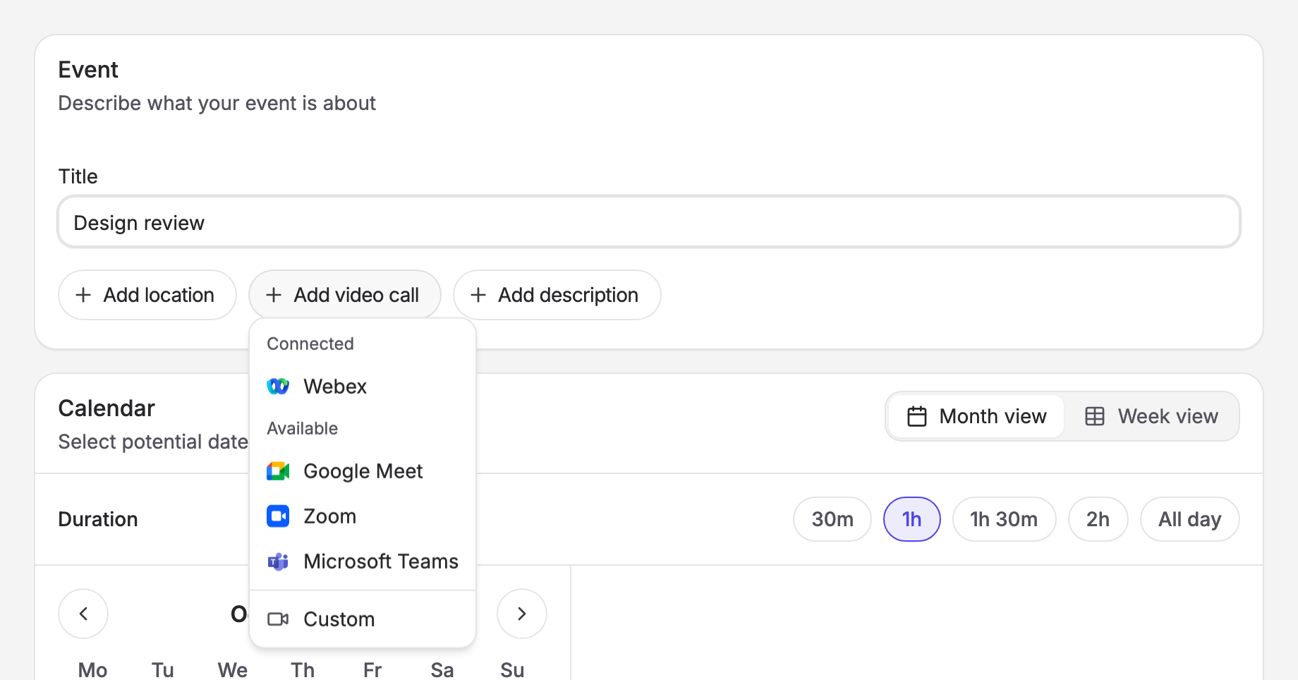 The Add video call menu on the poll form, listing connected and available providers, then Custom