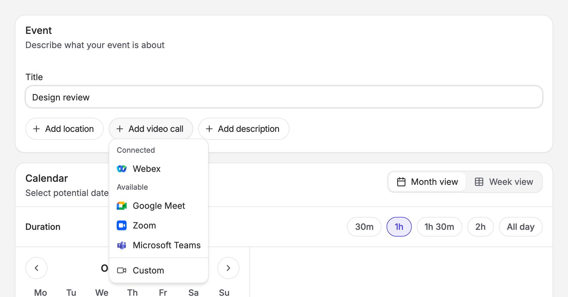The Add video call menu on the poll form, listing connected and available providers, then Custom