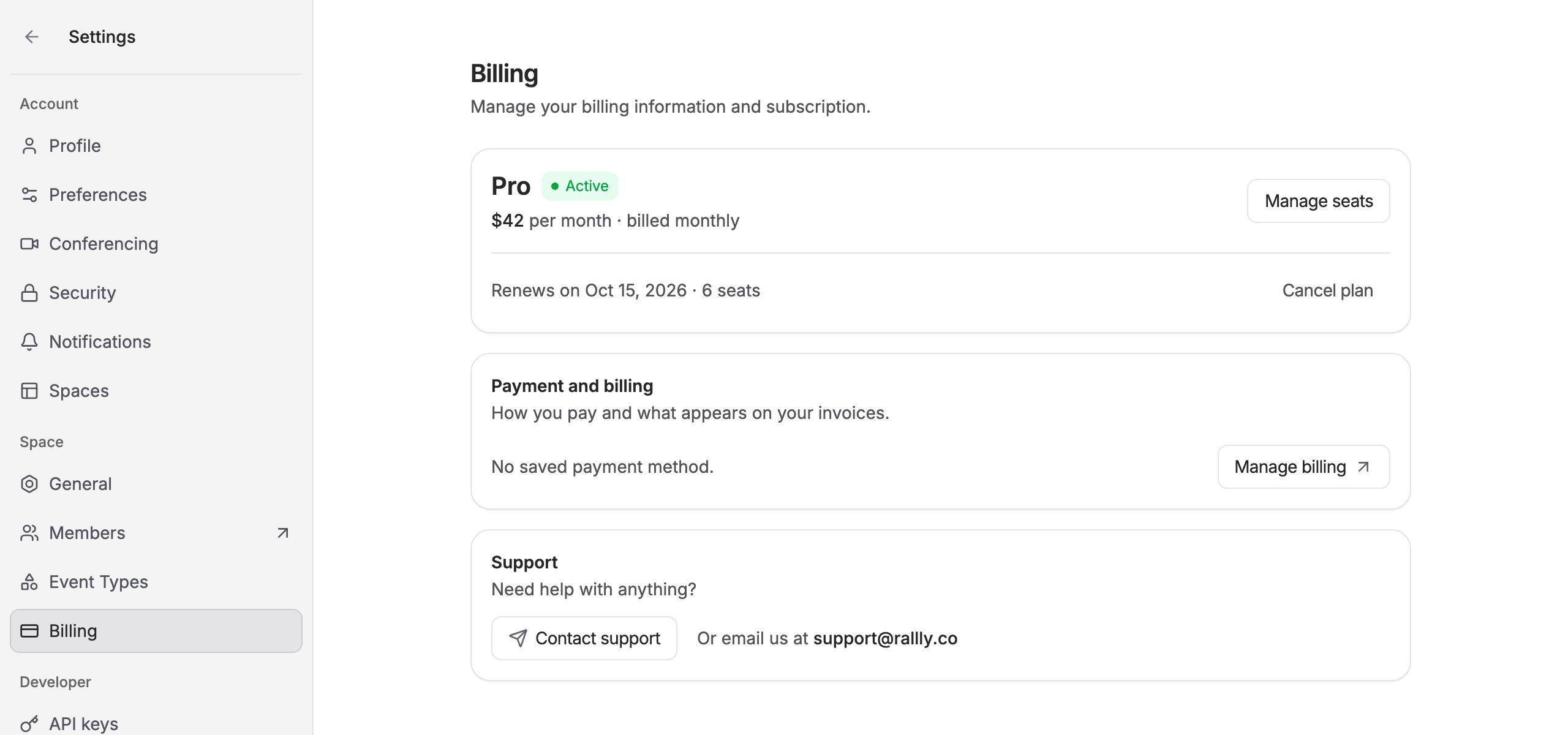 The Billing page showing the active Pro plan with the Manage seats button
