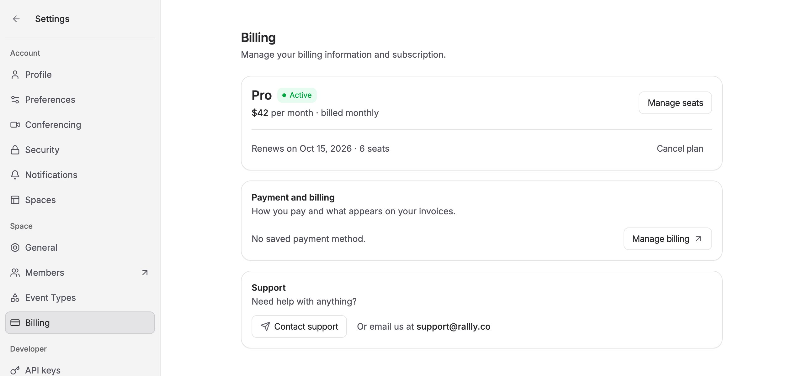 The Billing page showing the active Pro plan with the Manage seats button