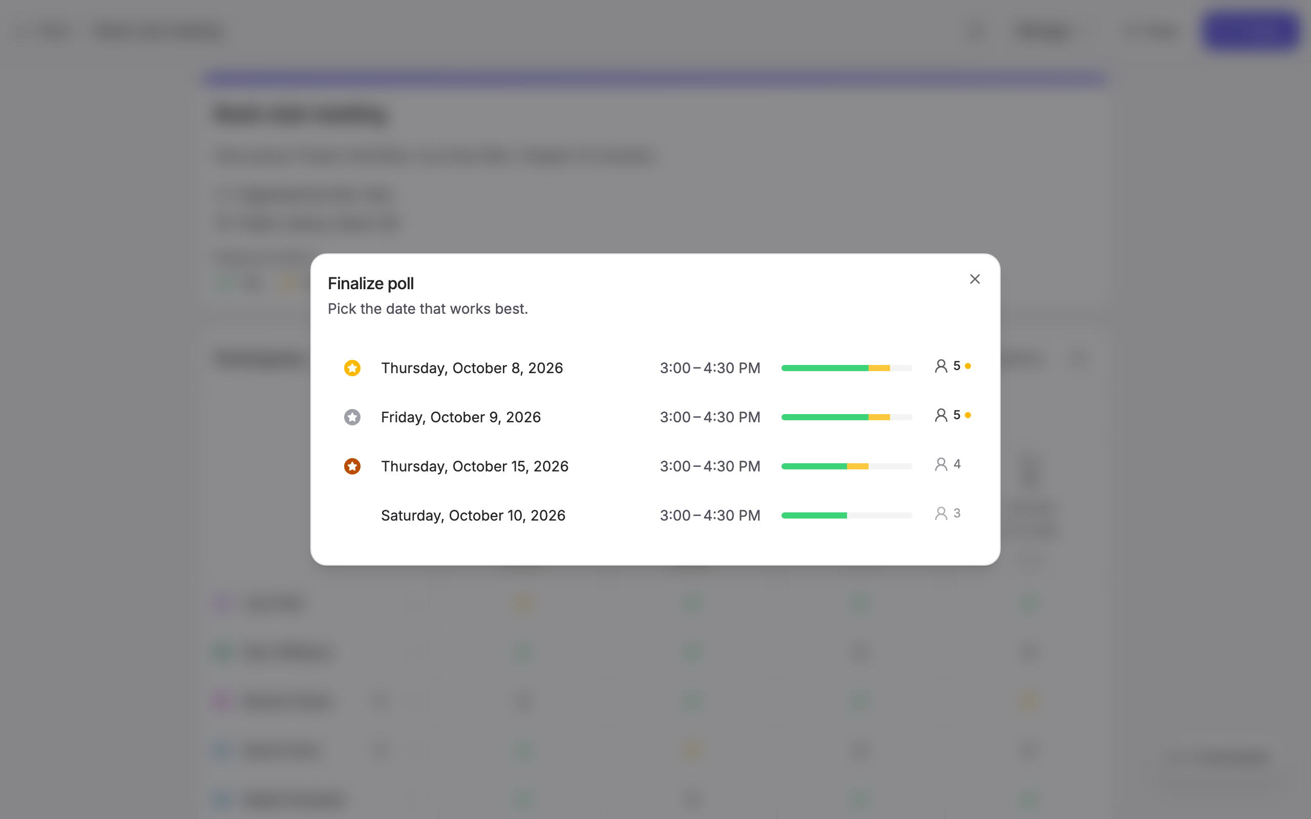 Finalize dialog listing the dates by popularity